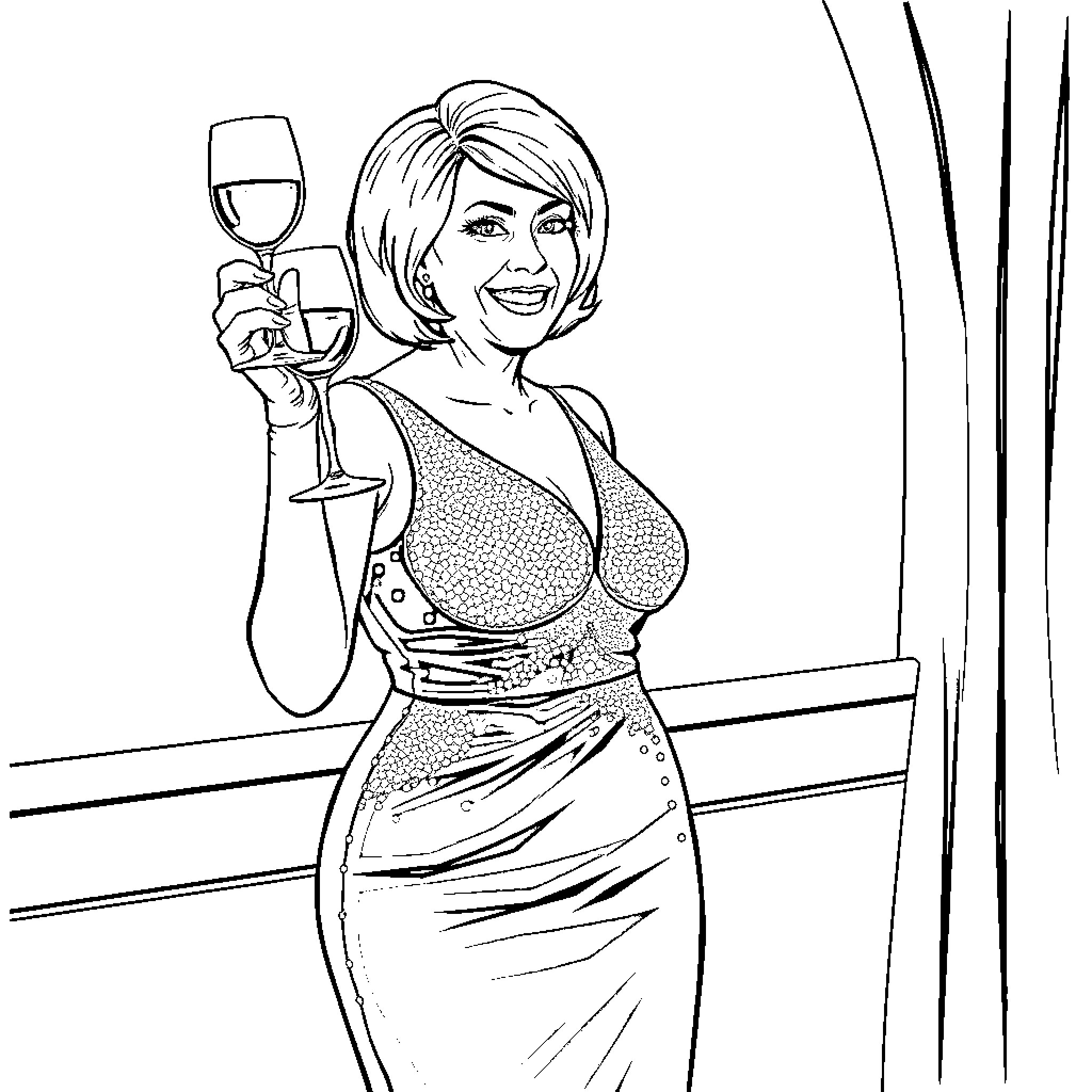 Comedian toasting with a glass of wine Coloring Page (free black-and-white line drawing printable PDF for all, from beginners to advanced learners, including children, teens, adults, and seniors)