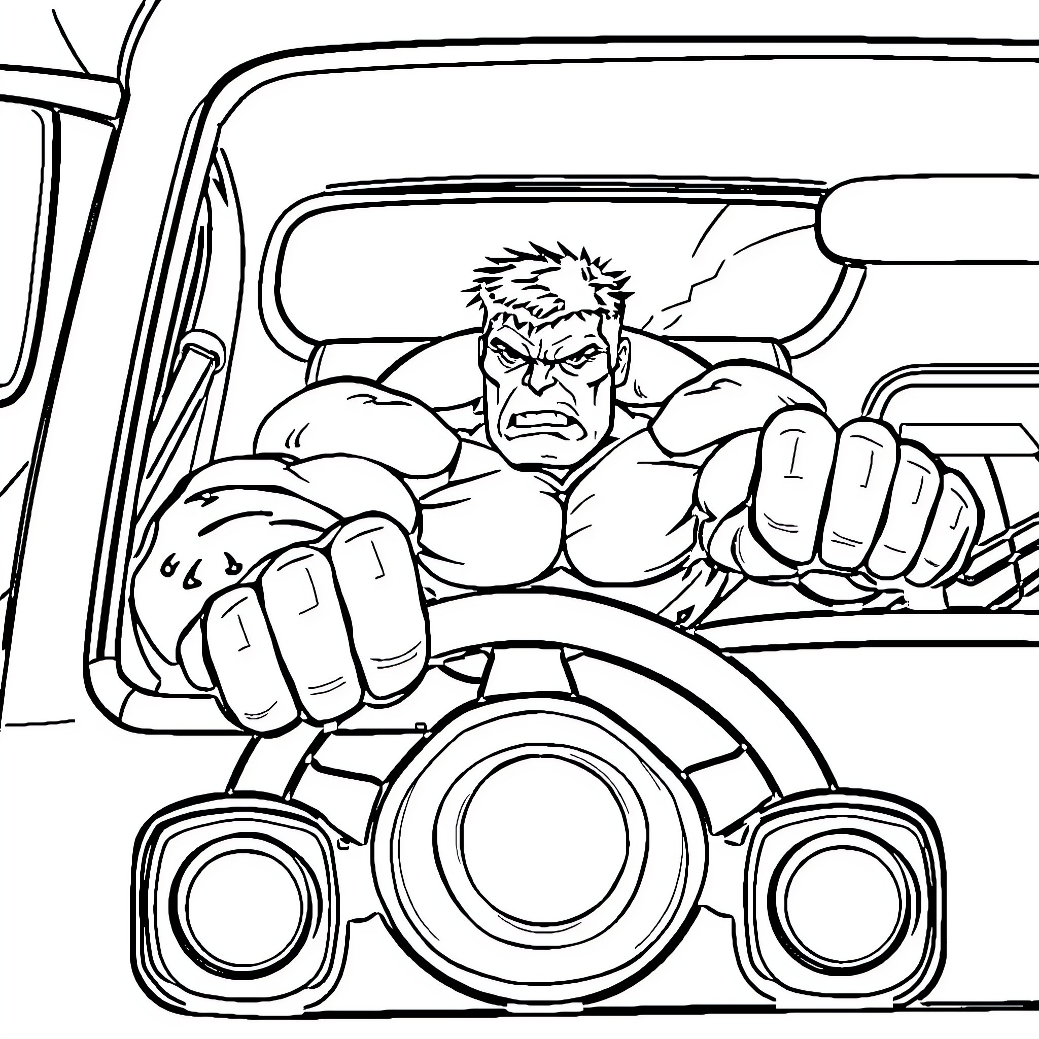 Hulk Driving Aggressively in a Vehicle Coloring Page (free black-and-white line drawing printable PDF for all, from beginners to advanced learners, including children, teens, adults, and seniors)