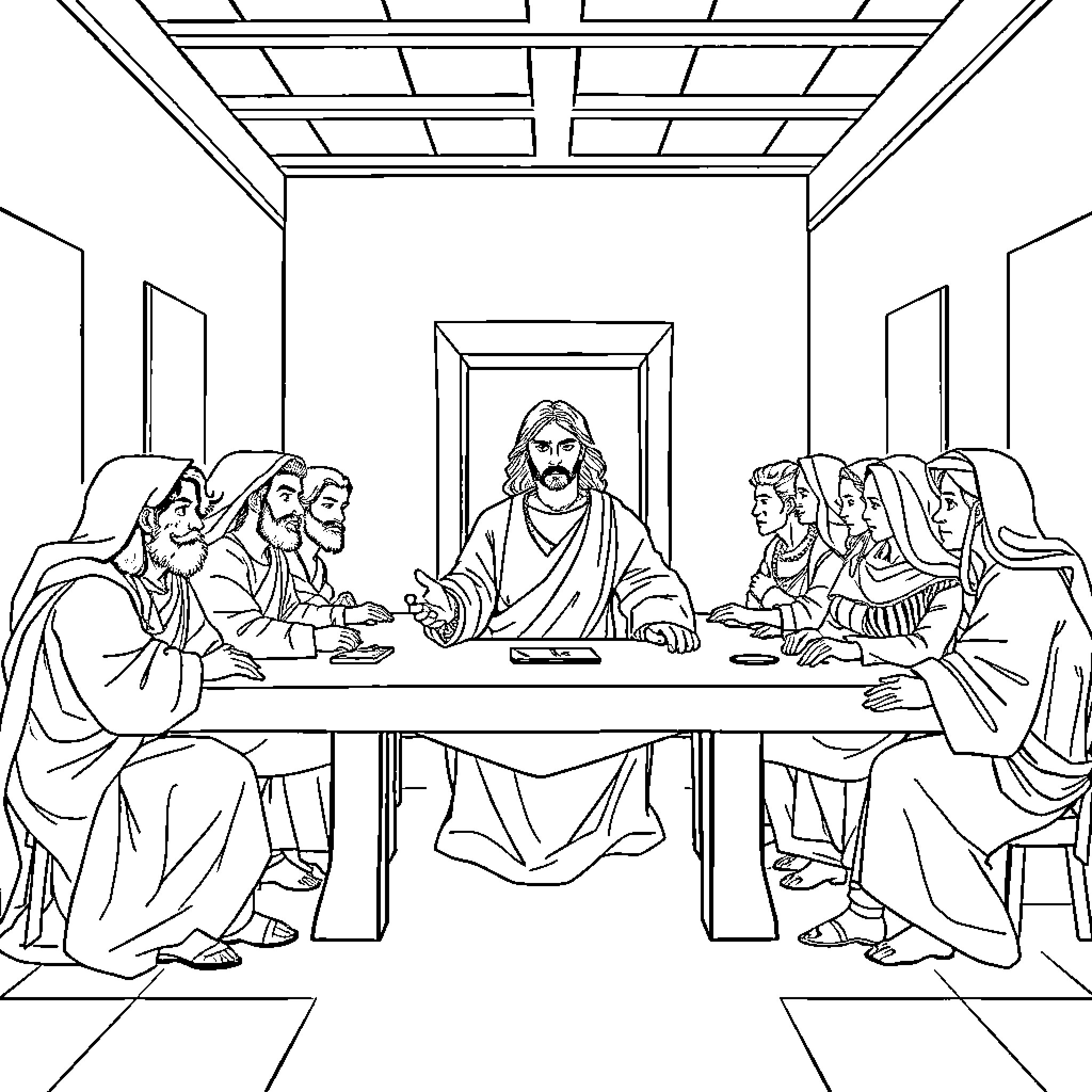 Last Supper with Jesus and his disciples Coloring Page (free black-and-white line drawing printable PDF for all, from beginners to advanced learners, including children, teens, adults, and seniors)