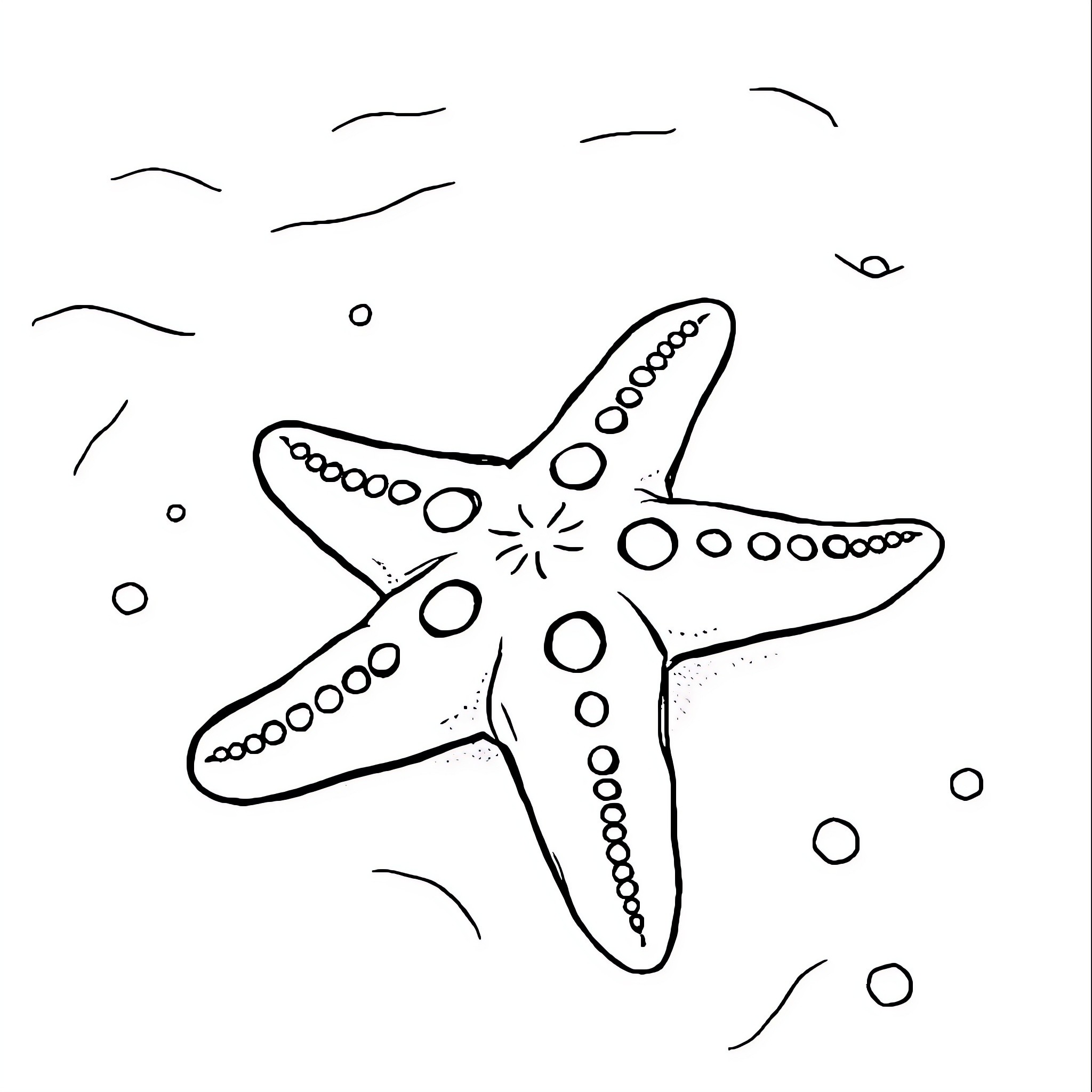 Starfish resting on the ocean floor Coloring Page (free black-and-white line drawing printable PDF for all, from beginners to advanced learners, including children, teens, adults, and seniors)