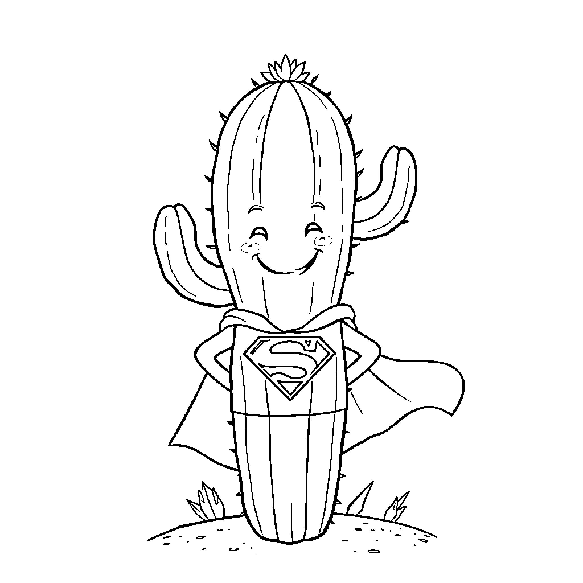 Cactus superhero enjoying the outdoors Coloring Page (free black-and-white line drawing printable PDF for all, from beginners to advanced learners, including children, teens, adults, and seniors)