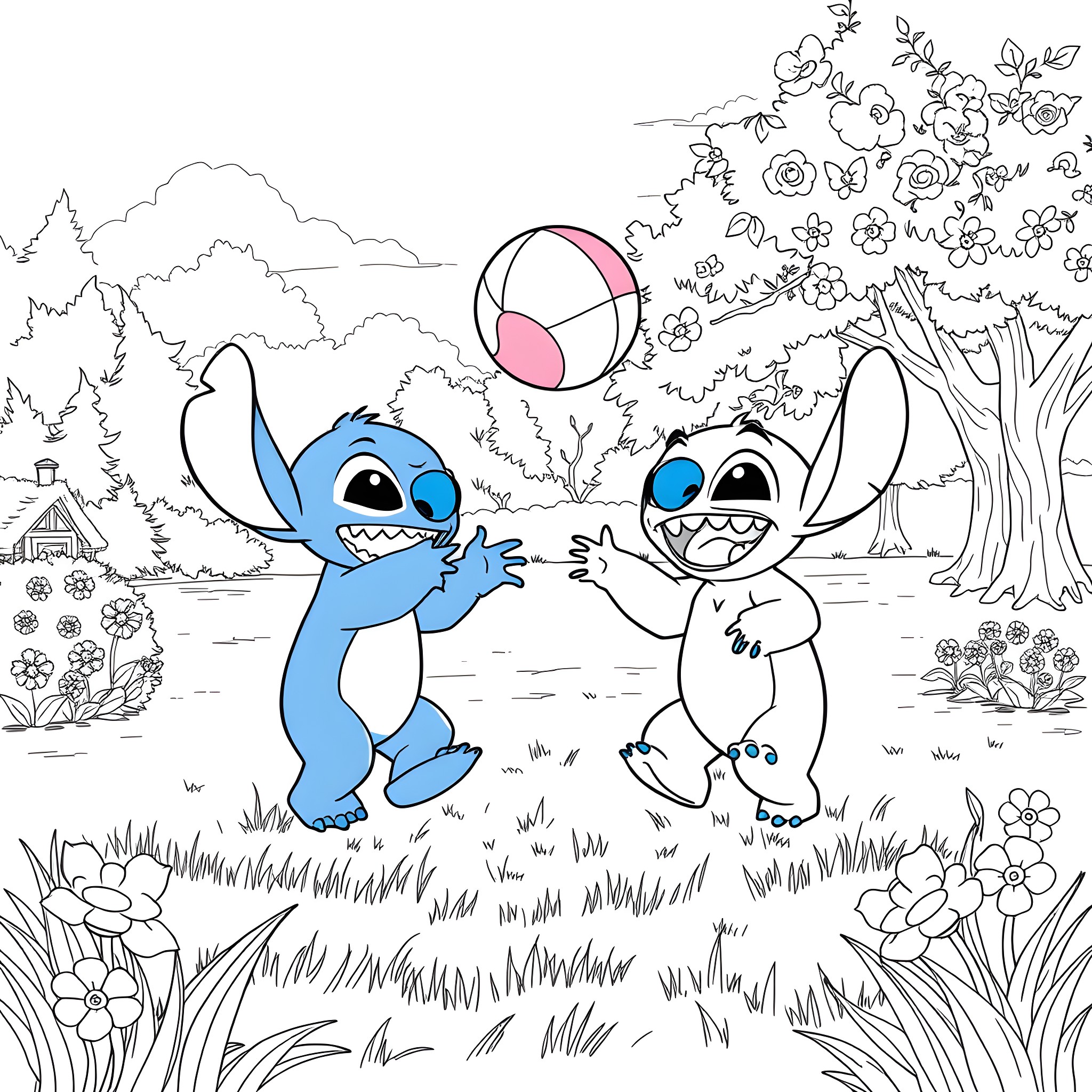 Bluey and Stitch Playing Joyfully Outdoors Coloring Page (free black-and-white line drawing printable PDF for all, from beginners to advanced learners, including children, teens, adults, and seniors)