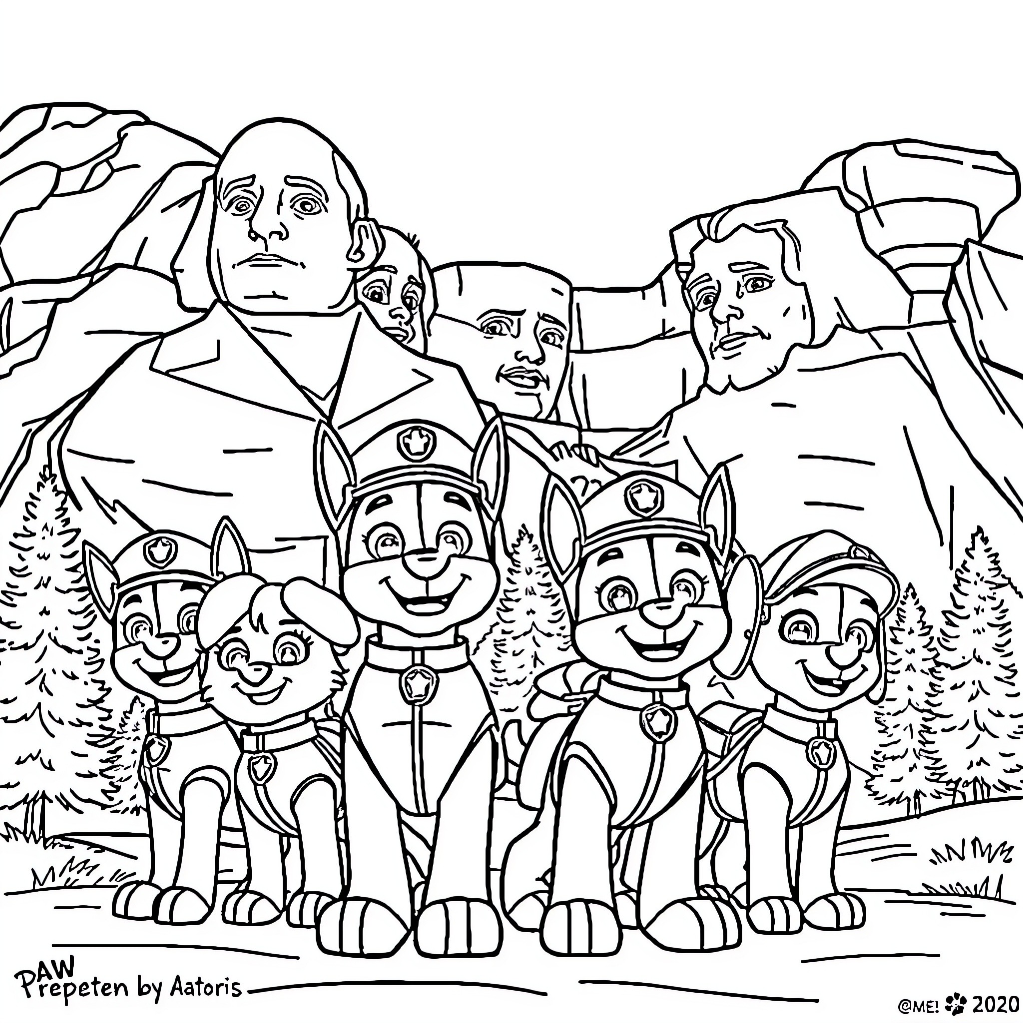Paw Patrol characters on Mount Rushmore Coloring Page (free black-and-white line drawing printable PDF for all, from beginners to advanced learners, including children, teens, adults, and seniors)