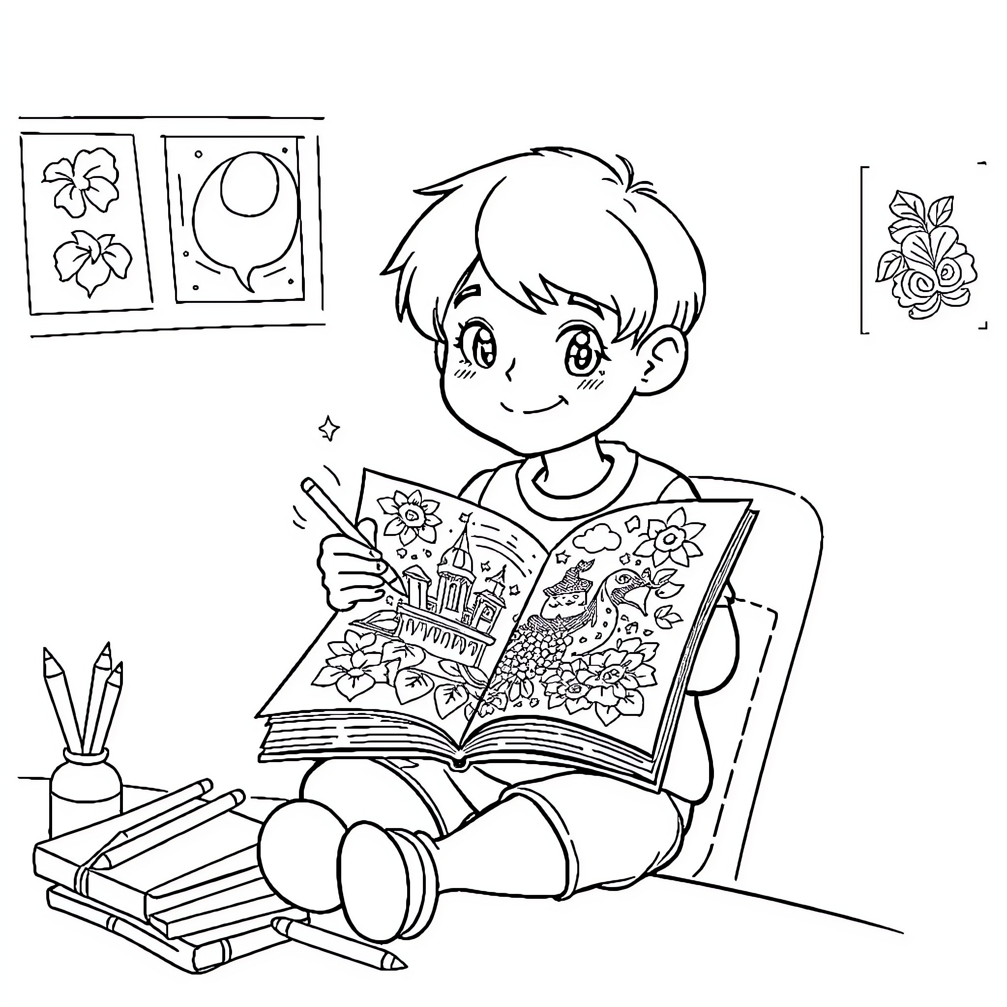 Student exploring a colorful storybook Coloring Page (free black-and-white line drawing printable PDF for all, from beginners to advanced learners, including children, teens, adults, and seniors)