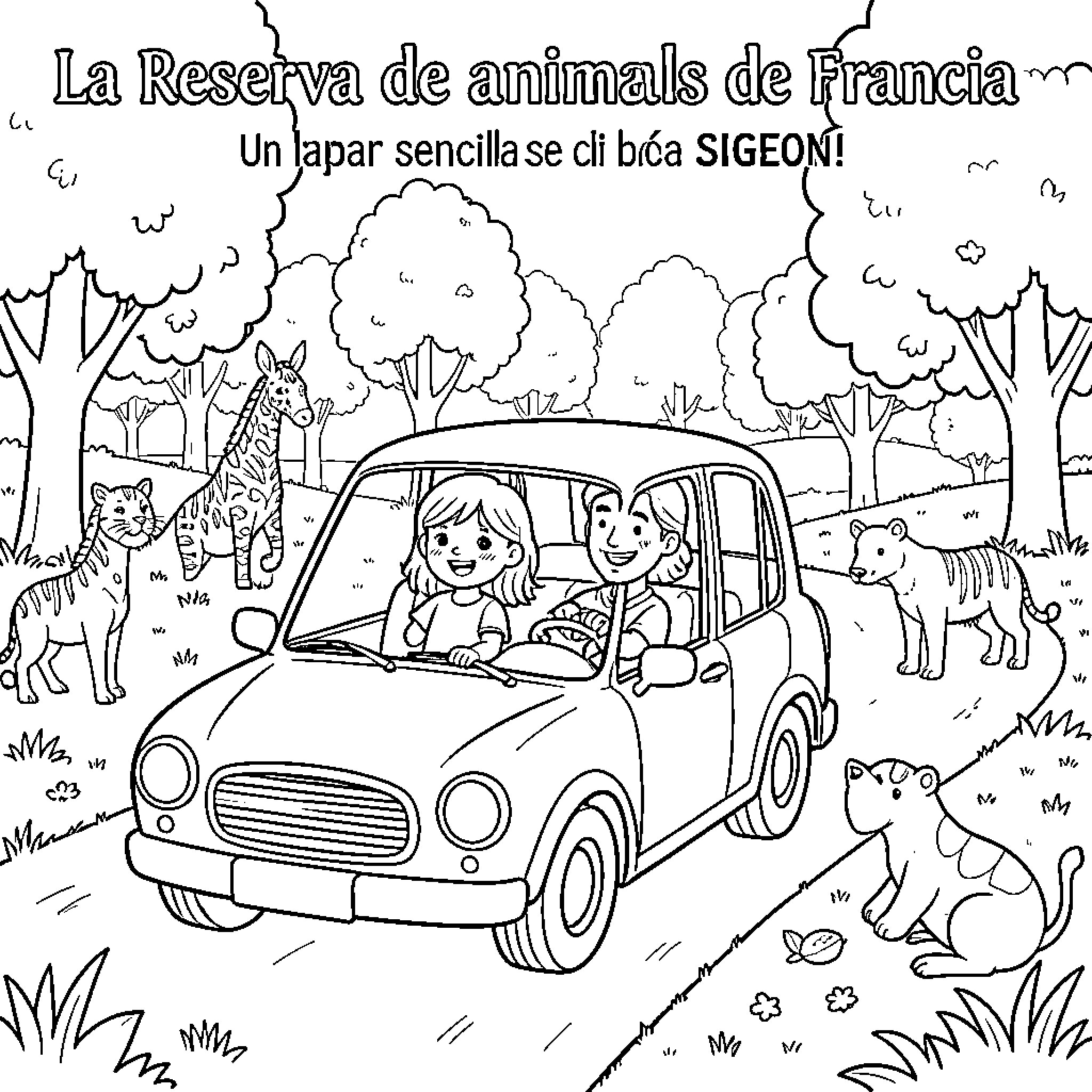 Animal adventure in the French wildlife reserve Coloring Page (free black-and-white line drawing printable PDF for all, from beginners to advanced learners, including children, teens, adults, and seniors)