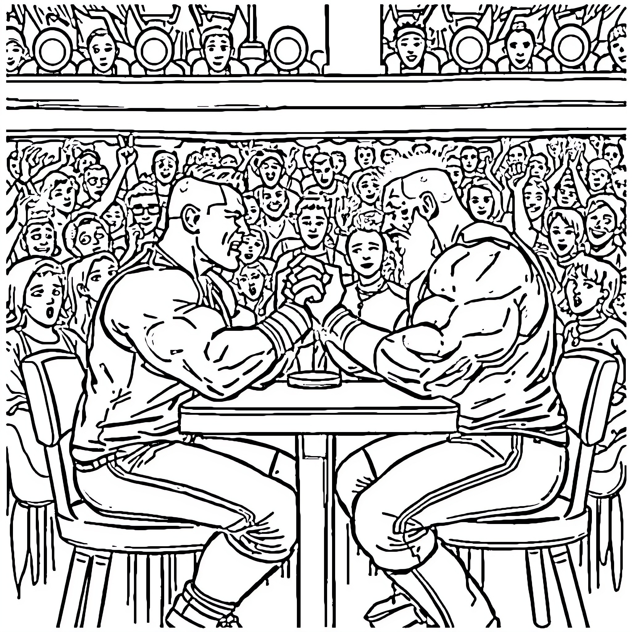 John Cena in an intense arm wrestling match with a rival Coloring Page (free black-and-white line drawing printable PDF for all, from beginners to advanced learners, including children, teens, adults, and seniors)