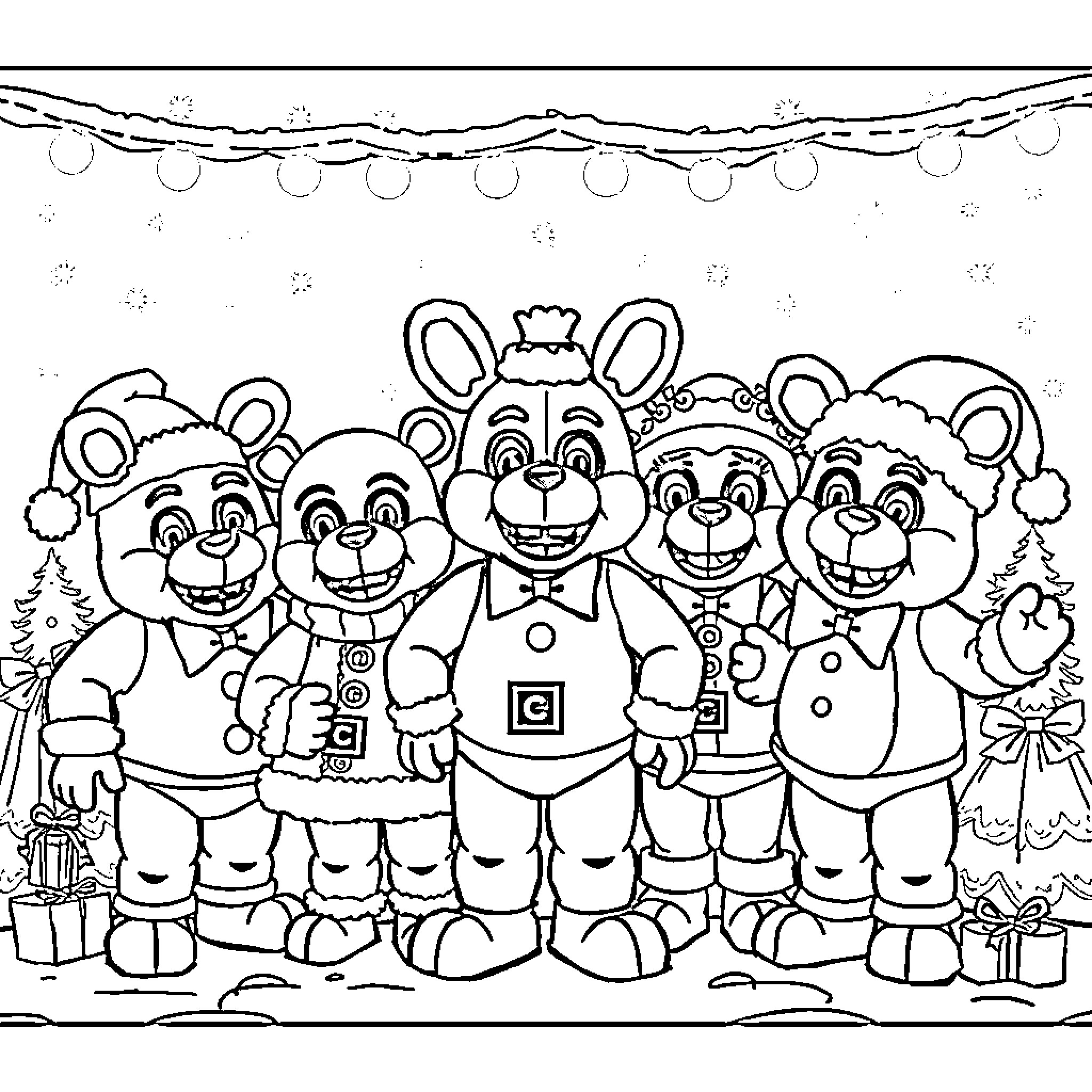 FNAF Characters in Winter Outfits Celebrating Coloring Page (free black-and-white line drawing printable PDF for all, from beginners to advanced learners, including children, teens, adults, and seniors)