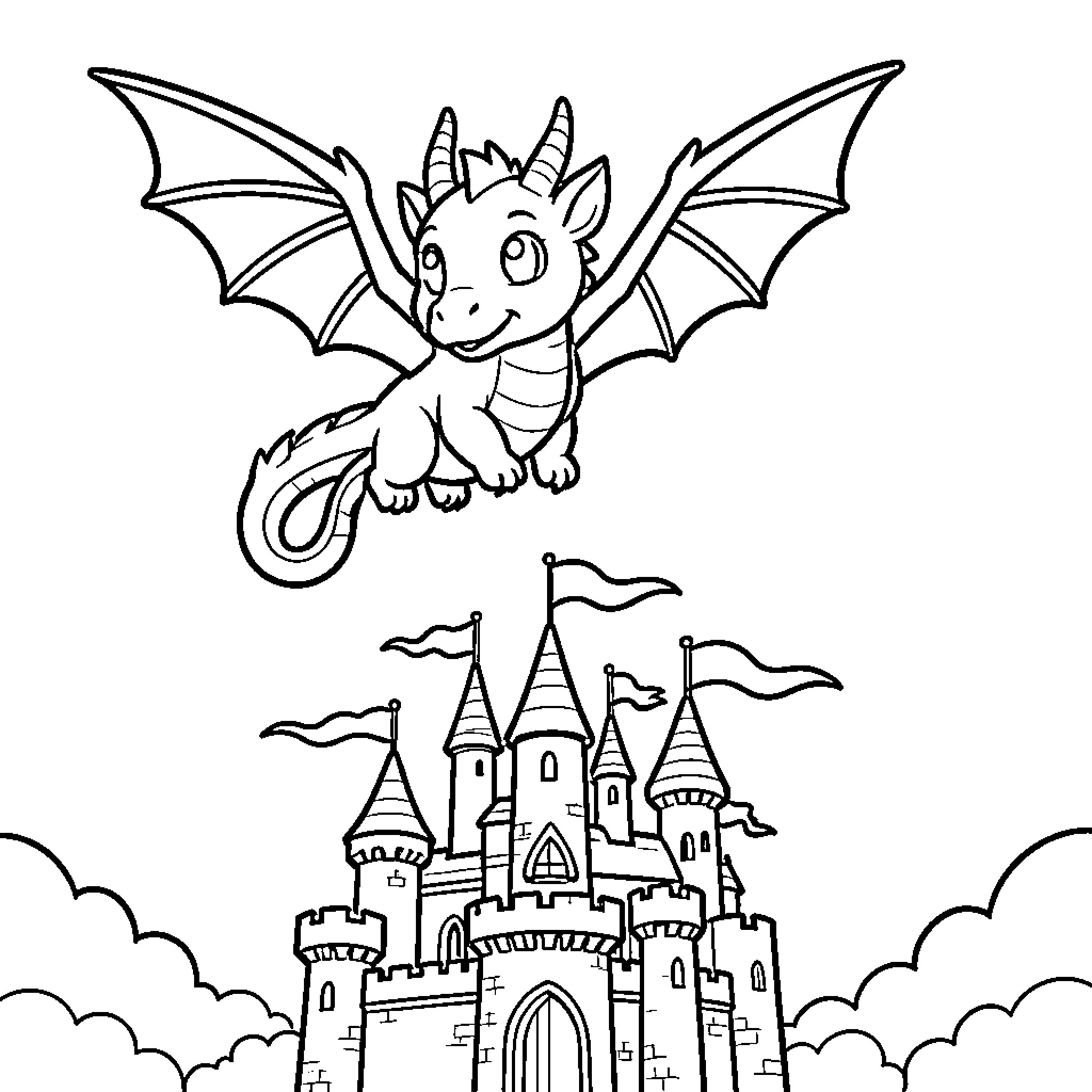 Dragon Soaring Over Magical Castle Coloring Page (free black-and-white line drawing printable PDF for all, from beginners to advanced learners, including children, teens, adults, and seniors)