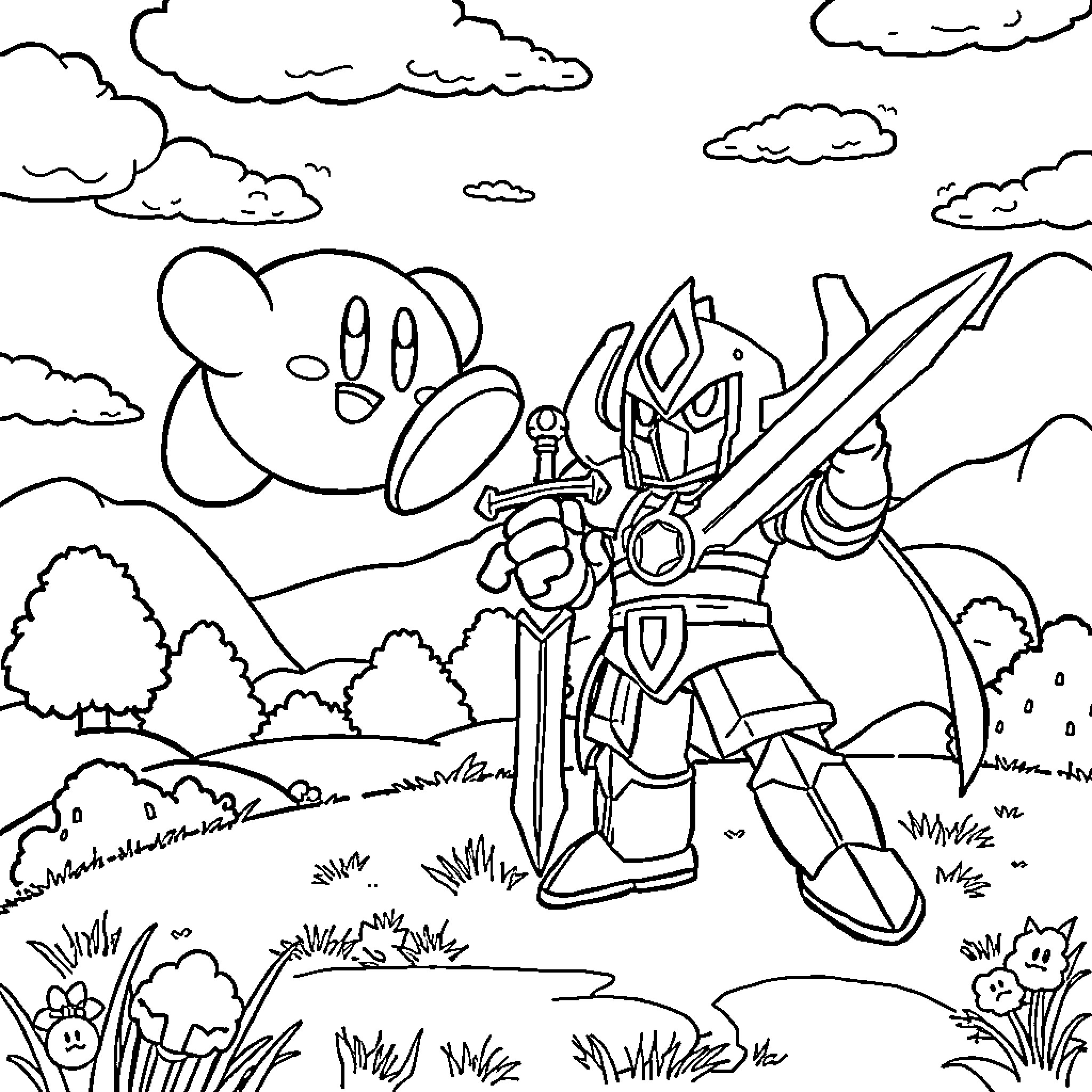 Kirby wielding a mighty sword in a whimsical landscape Coloring Page (free black-and-white line drawing printable PDF for all, from beginners to advanced learners, including children, teens, adults, and seniors)