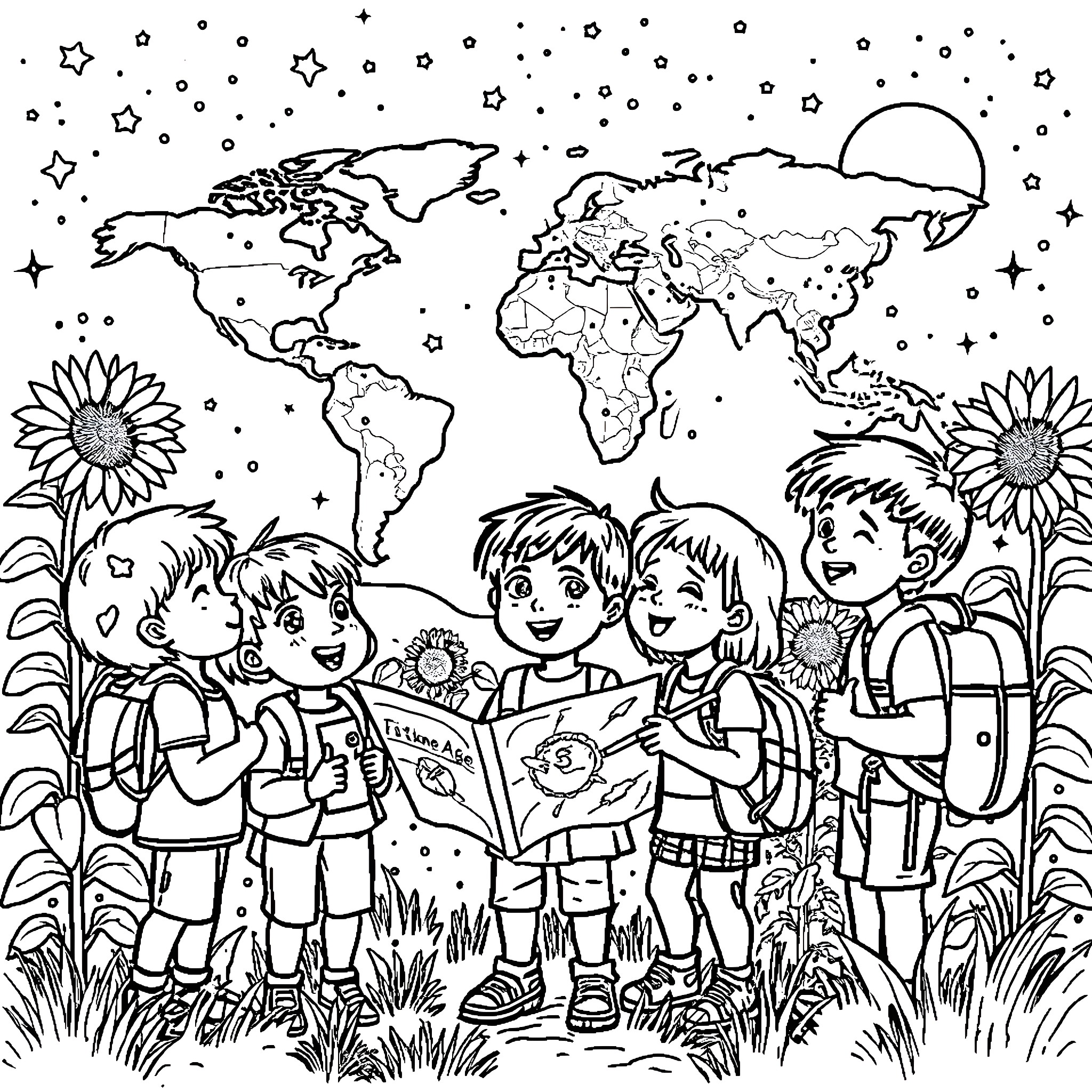Child Explore the World with Friends Coloring Page (free black-and-white line drawing printable PDF for all, from beginners to advanced learners, including children, teens, adults, and seniors)