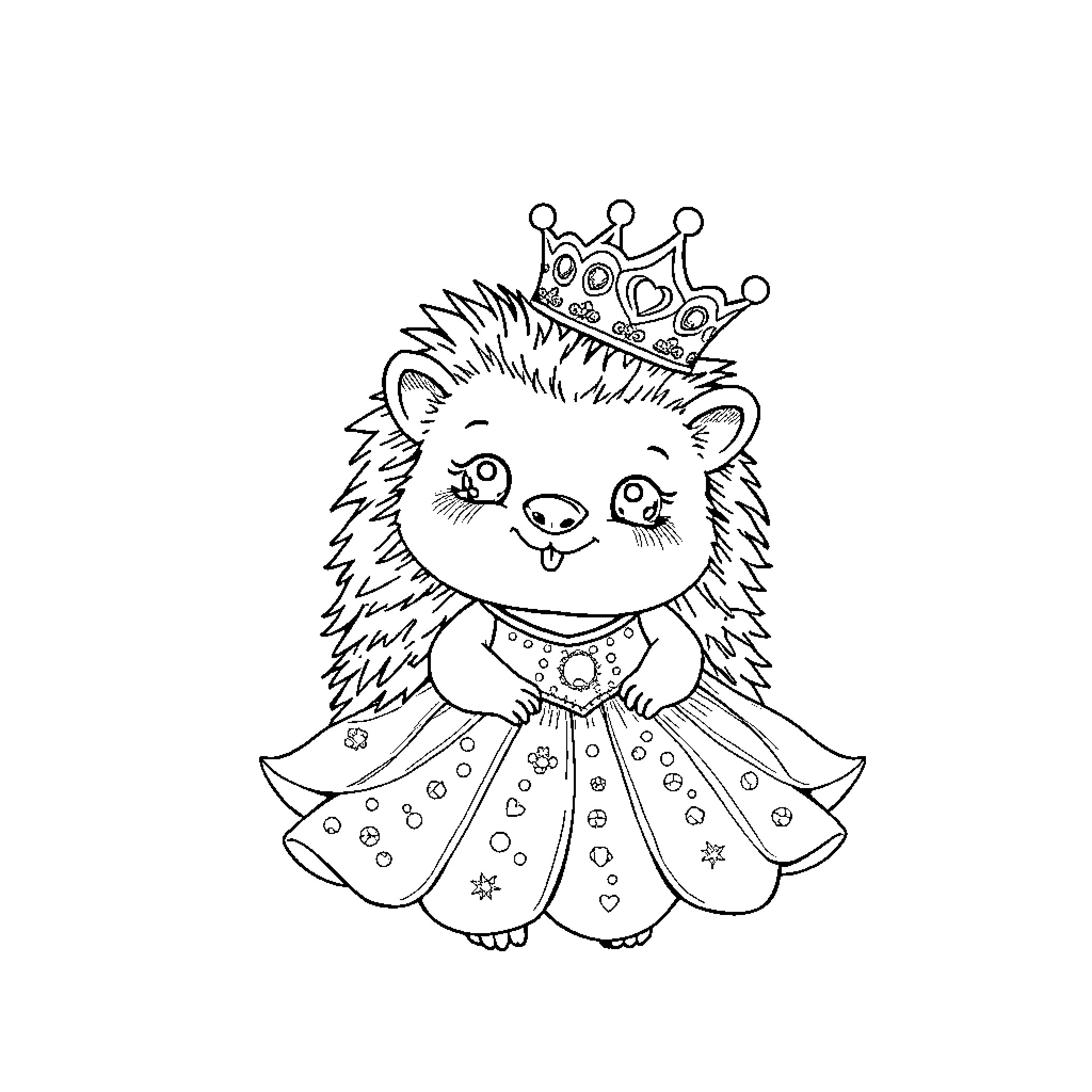 Hedgehog princess in fancy dress Coloring Page (free black-and-white line drawing printable PDF for all, from beginners to advanced learners, including children, teens, adults, and seniors)