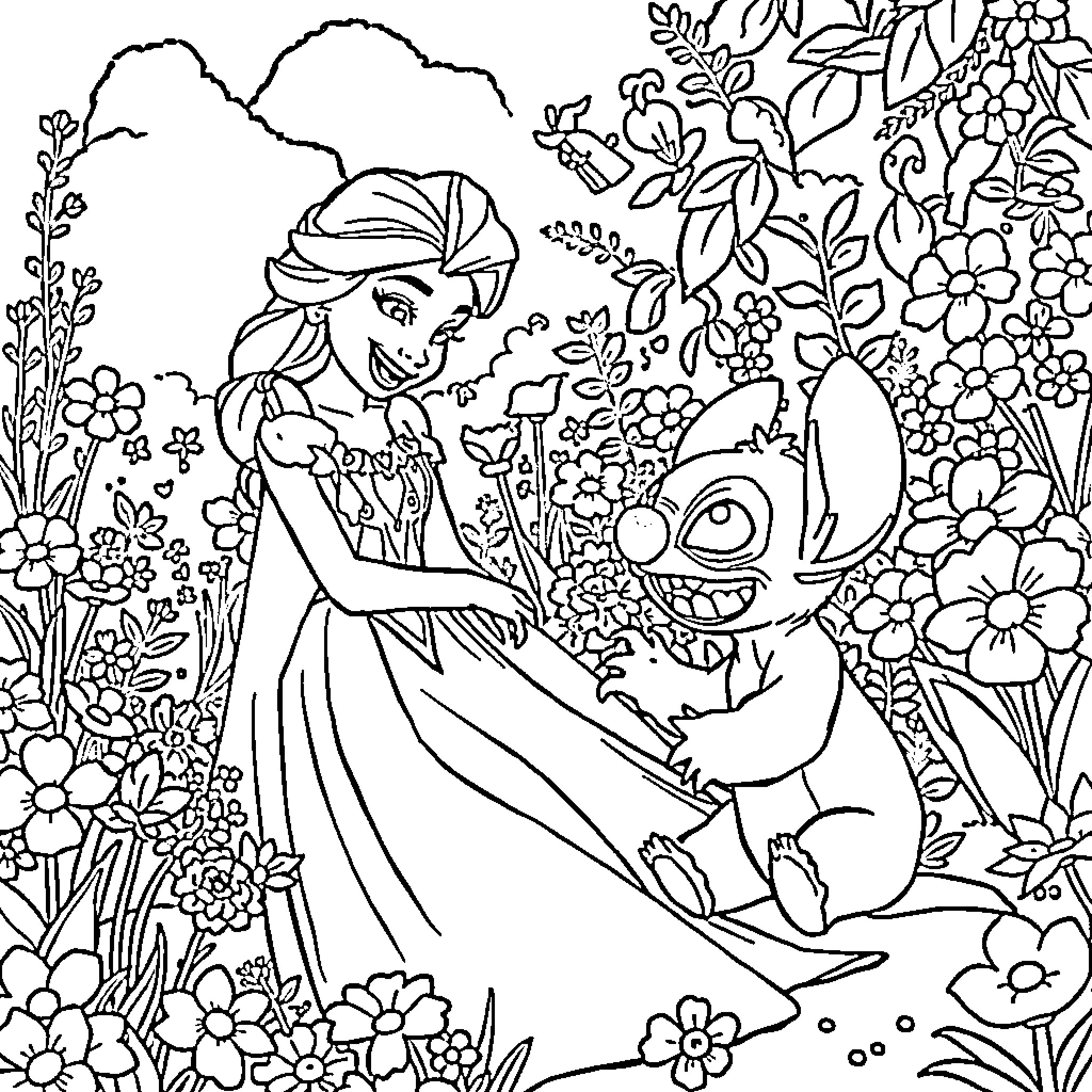 Princess playing happily with a whimsical creature in a floral garden Coloring Page (free black-and-white line drawing printable PDF for all, from beginners to advanced learners, including children, teens, adults, and seniors)
