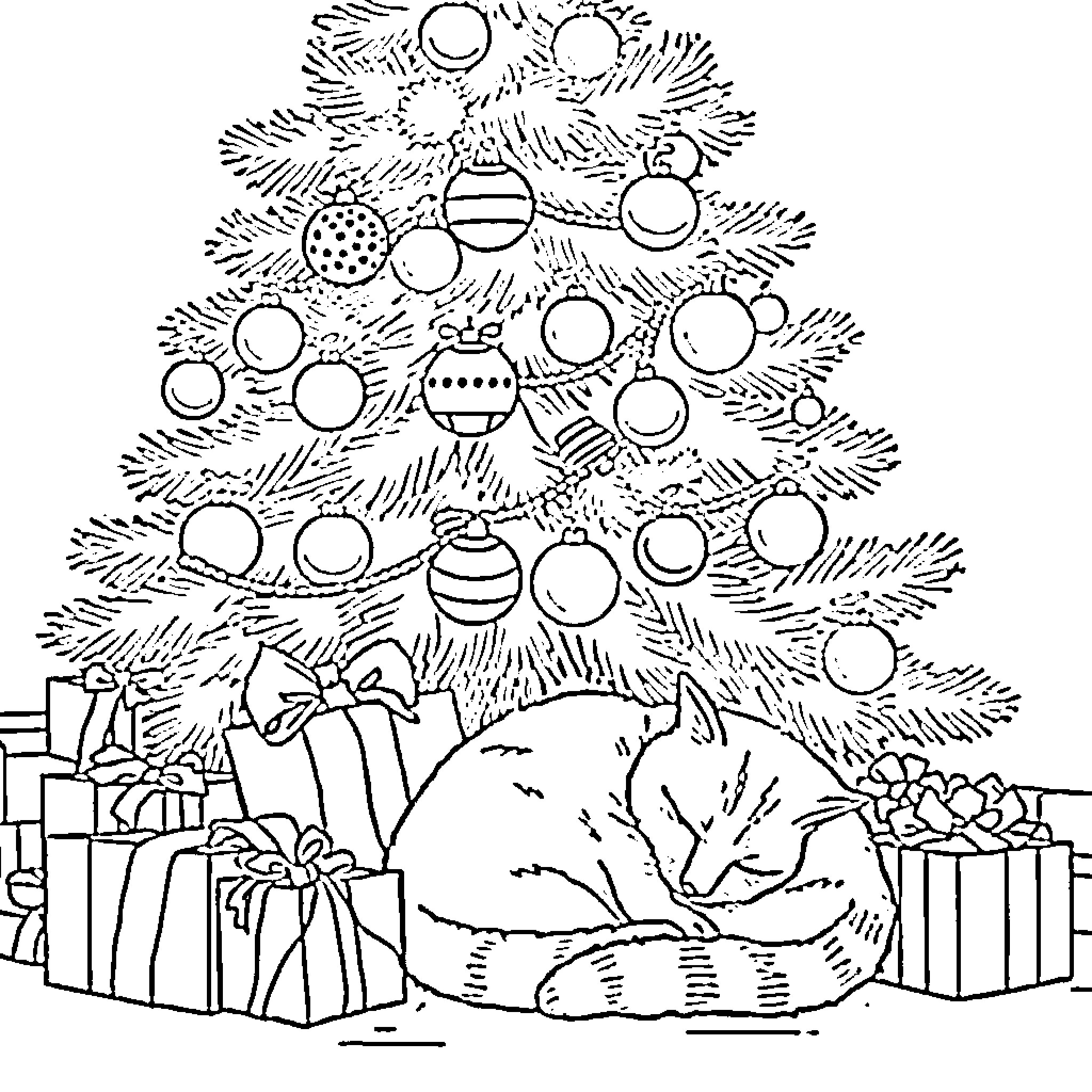 Christmas Tree with Sleeping Cat and Presents Coloring Page (free black-and-white line drawing printable PDF for all, from beginners to advanced learners, including children, teens, adults, and seniors)