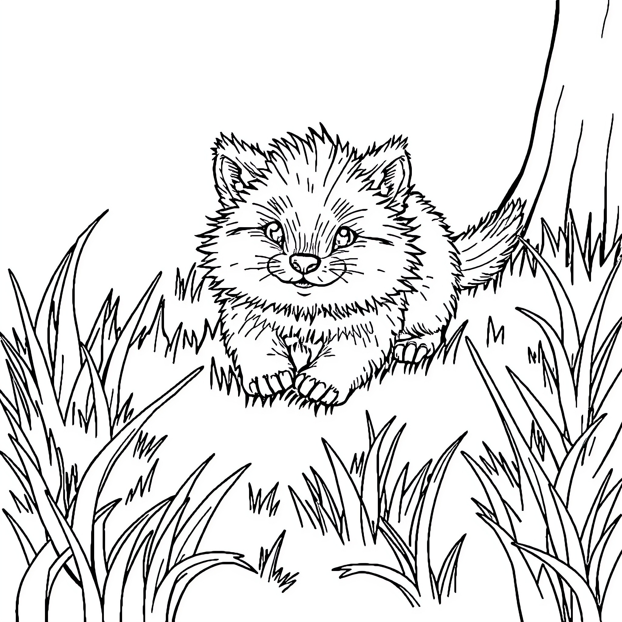 Animal playing playfully in tall grass Coloring Page (free black-and-white line drawing printable PDF for all, from beginners to advanced learners, including children, teens, adults, and seniors)