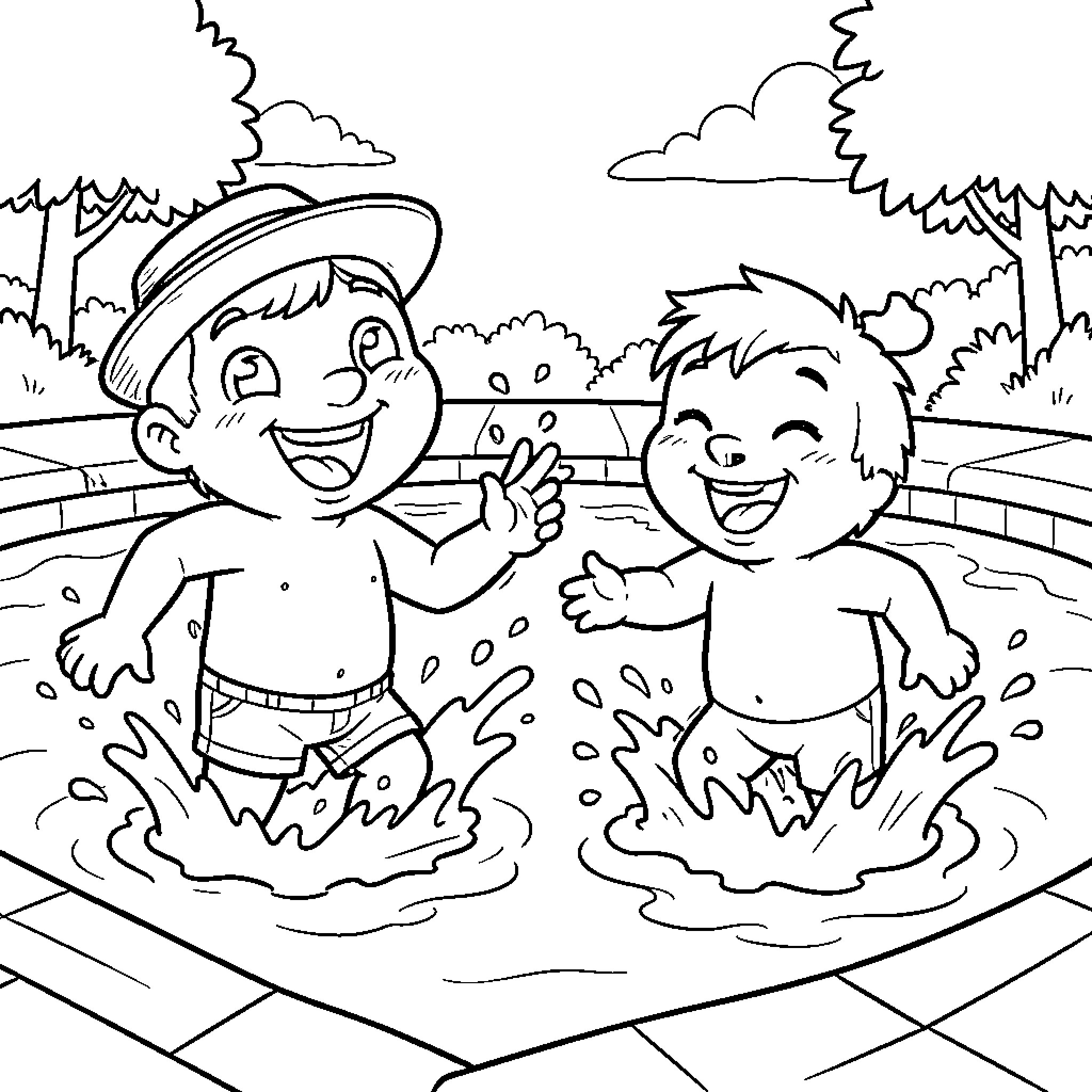 Milo and a friend splashing joyfully in a pool Coloring Page (free black-and-white line drawing printable PDF for all, from beginners to advanced learners, including children, teens, adults, and seniors)