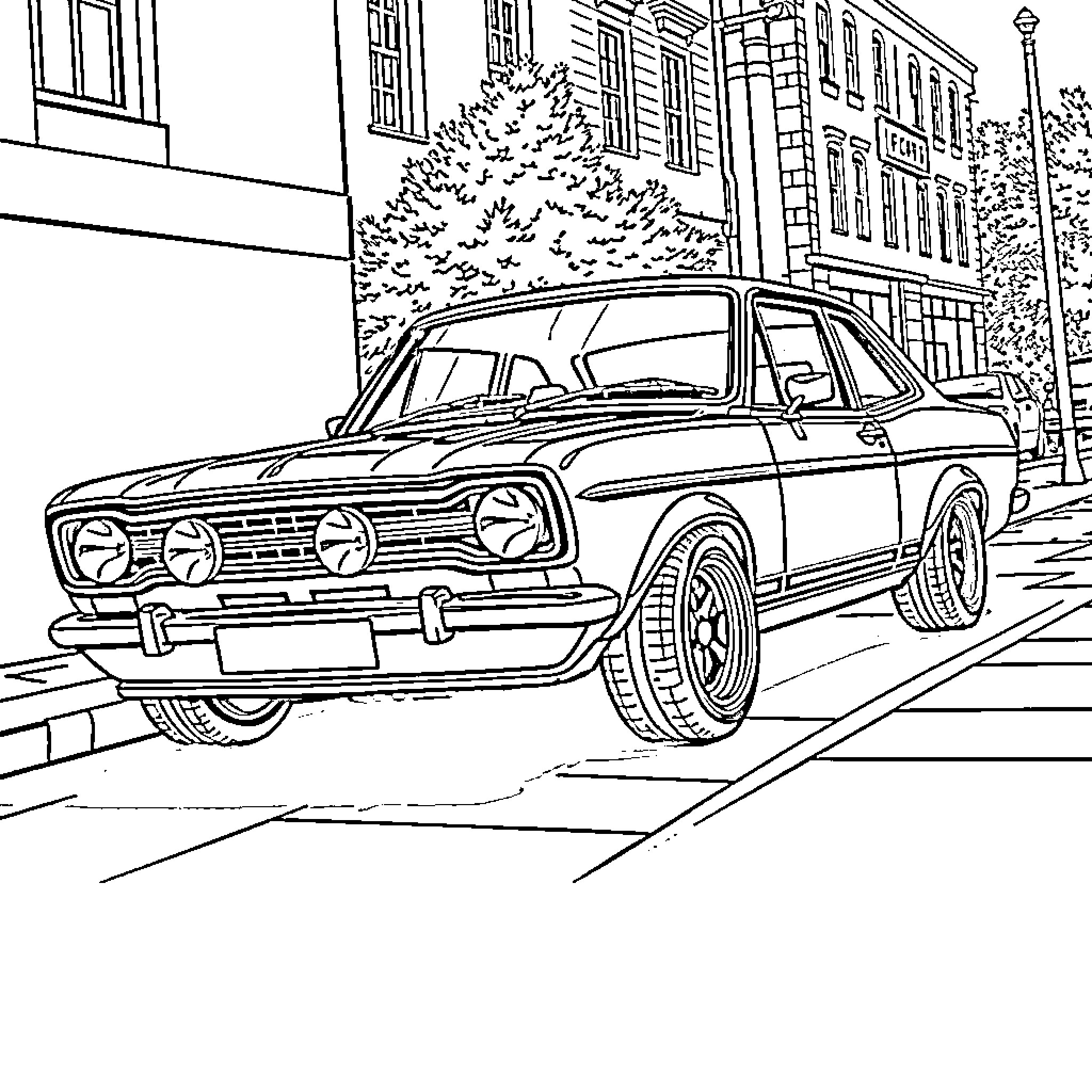 Ford Escort classic car on urban street Coloring Page (free black-and-white line drawing printable PDF for all, from beginners to advanced learners, including children, teens, adults, and seniors)