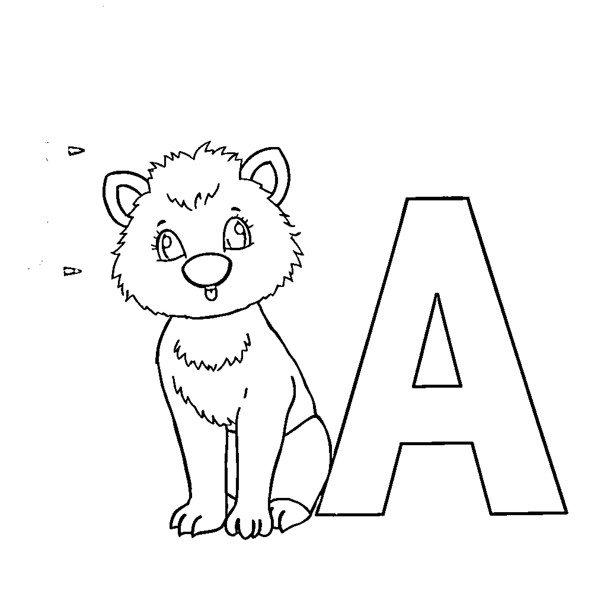 Animal with big ears sitting next to letter A Coloring Page (free black-and-white line drawing printable PDF for all, from beginners to advanced learners, including children, teens, adults, and seniors)