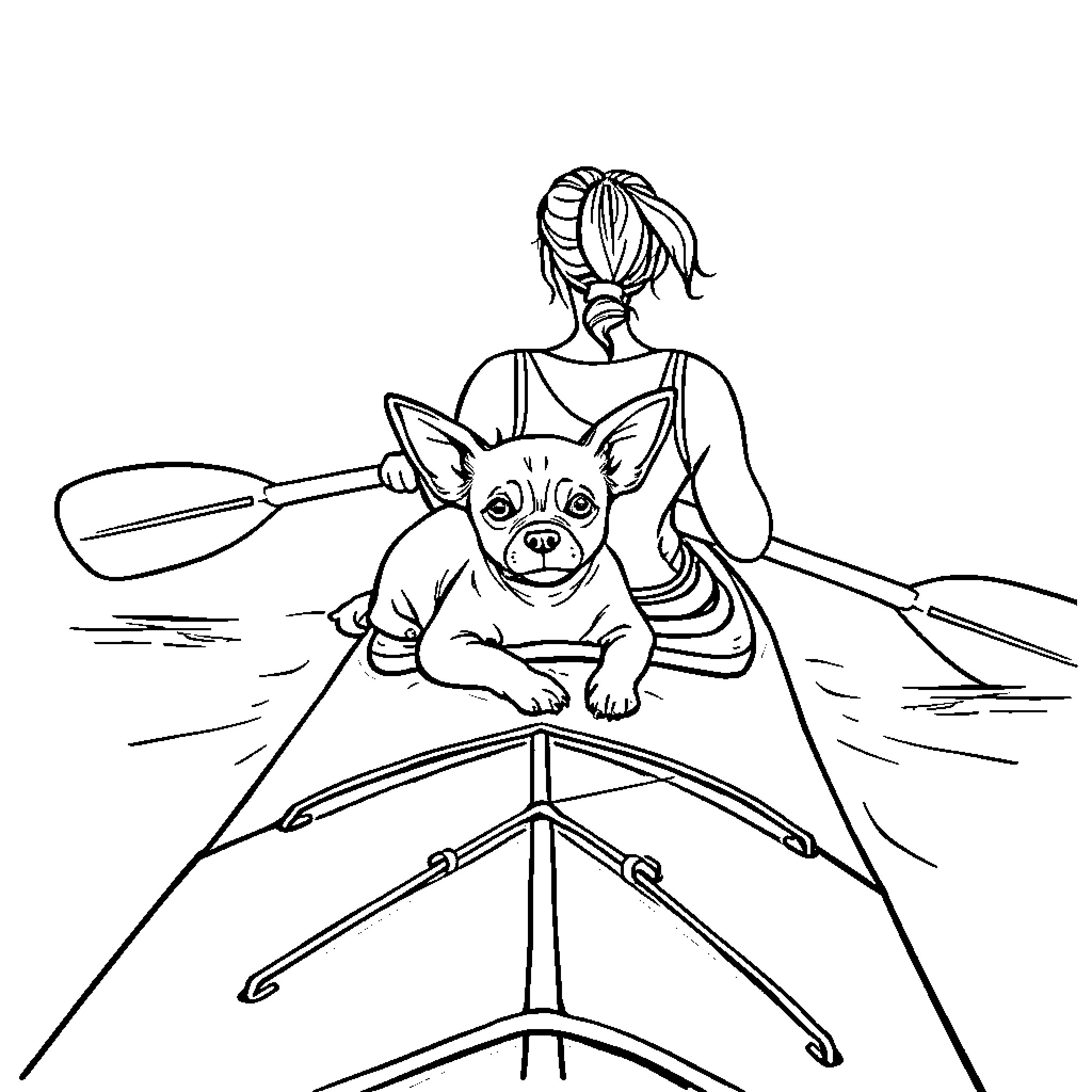 Chihuahua enjoys boat ride with owner Coloring Page (free black-and-white line drawing printable PDF for all, from beginners to advanced learners, including children, teens, adults, and seniors)