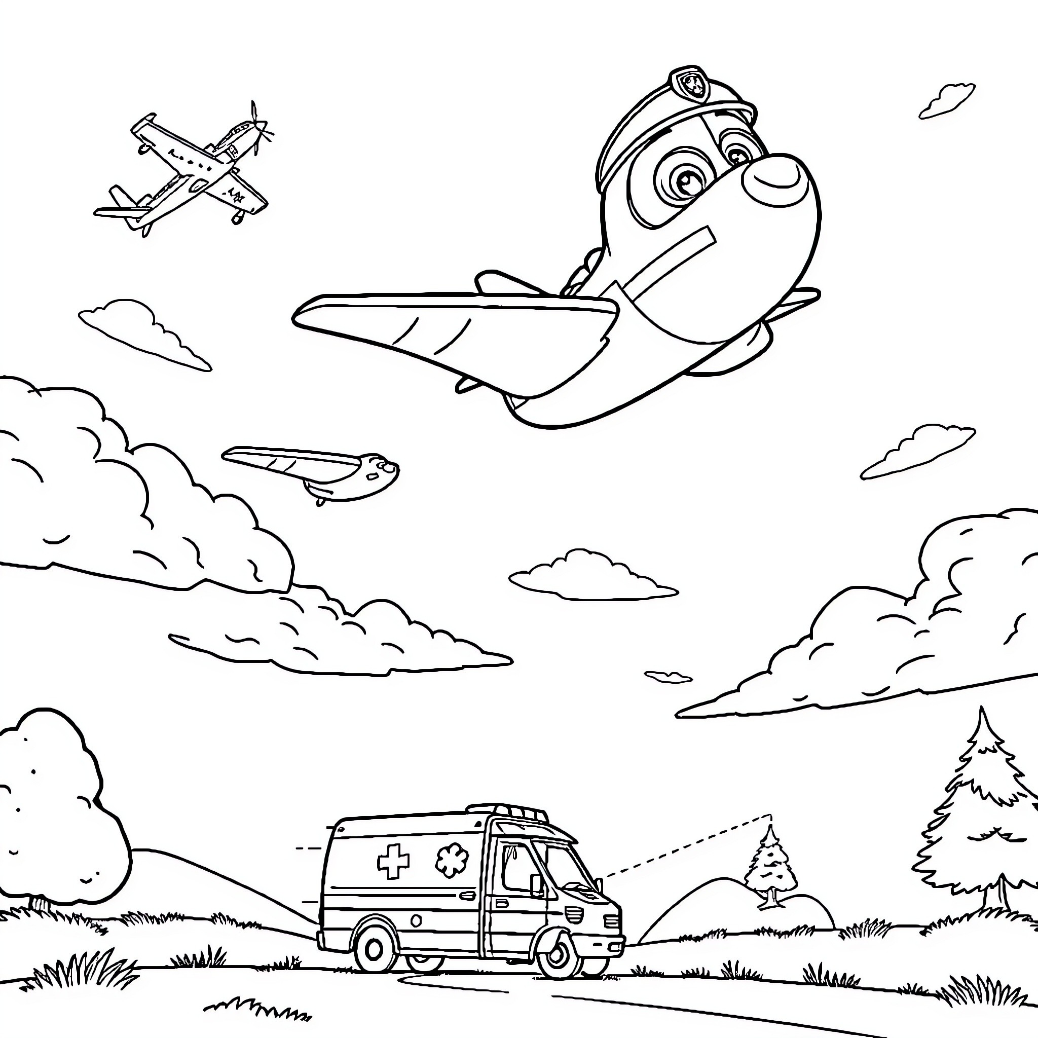Airplane pilot and ambulance in scenic landscape Coloring Page (free black-and-white line drawing printable PDF for all, from beginners to advanced learners, including children, teens, adults, and seniors)