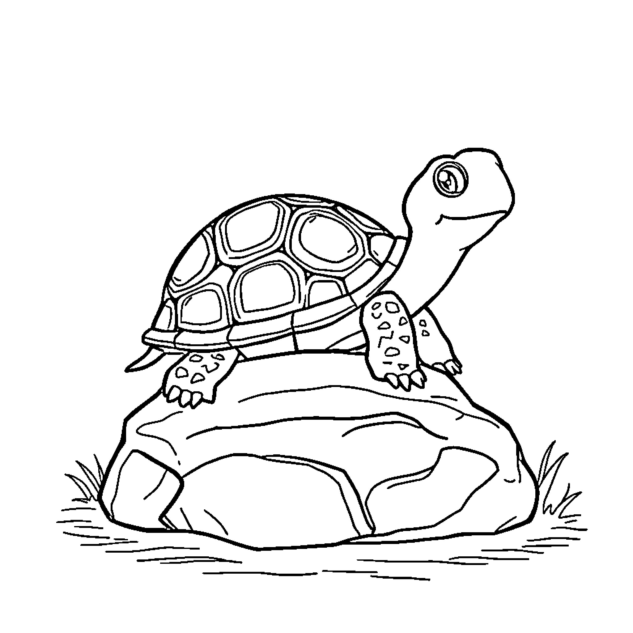 Turtle on rock in peaceful scene Coloring Page (free black-and-white line drawing printable PDF for all, from beginners to advanced learners, including children, teens, adults, and seniors)