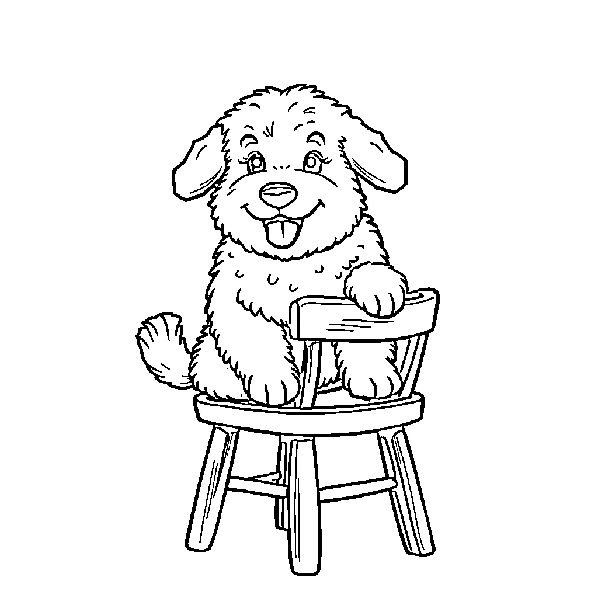 Sheepdog sitting happily on a stool Coloring Page (free black-and-white line drawing printable PDF for all, from beginners to advanced learners, including children, teens, adults, and seniors)