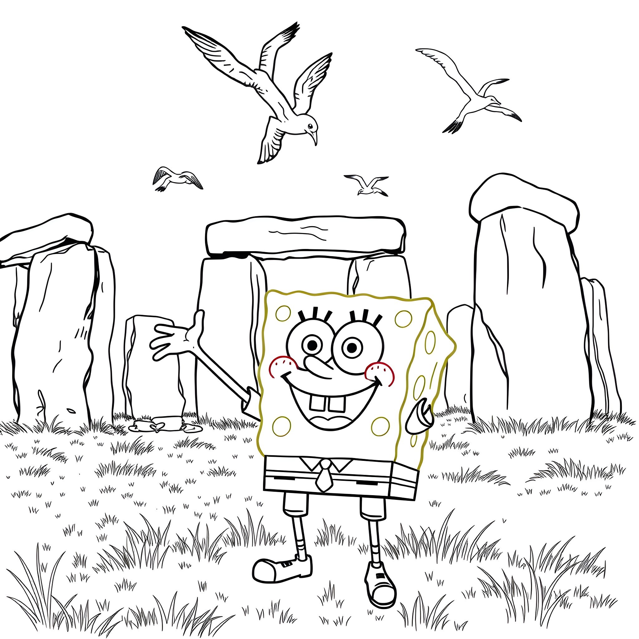 Spongebob's Playful Adventure at Stonehenge Coloring Page (free black-and-white line drawing printable PDF for all, from beginners to advanced learners, including children, teens, adults, and seniors)