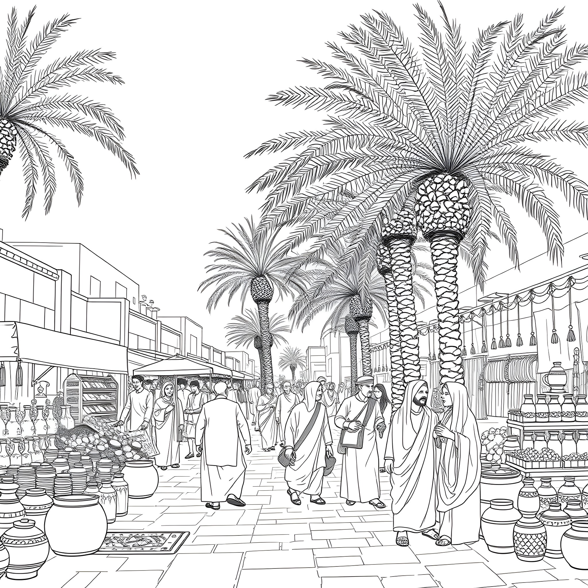 Life in a Vibrant Middle Eastern Marketplace Coloring Page (free black-and-white line drawing printable PDF for all, from beginners to advanced learners, including children, teens, adults, and seniors)