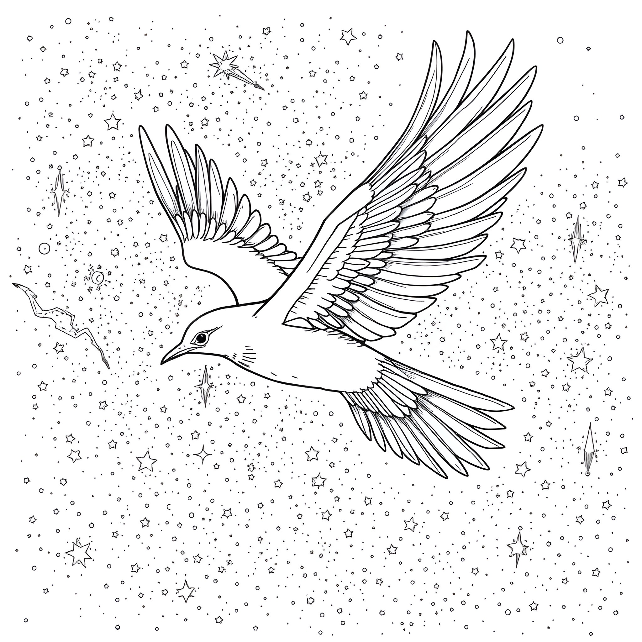 Thunderbird soaring through the starry night sky Coloring Page (free black-and-white line drawing printable PDF for all, from beginners to advanced learners, including children, teens, adults, and seniors)