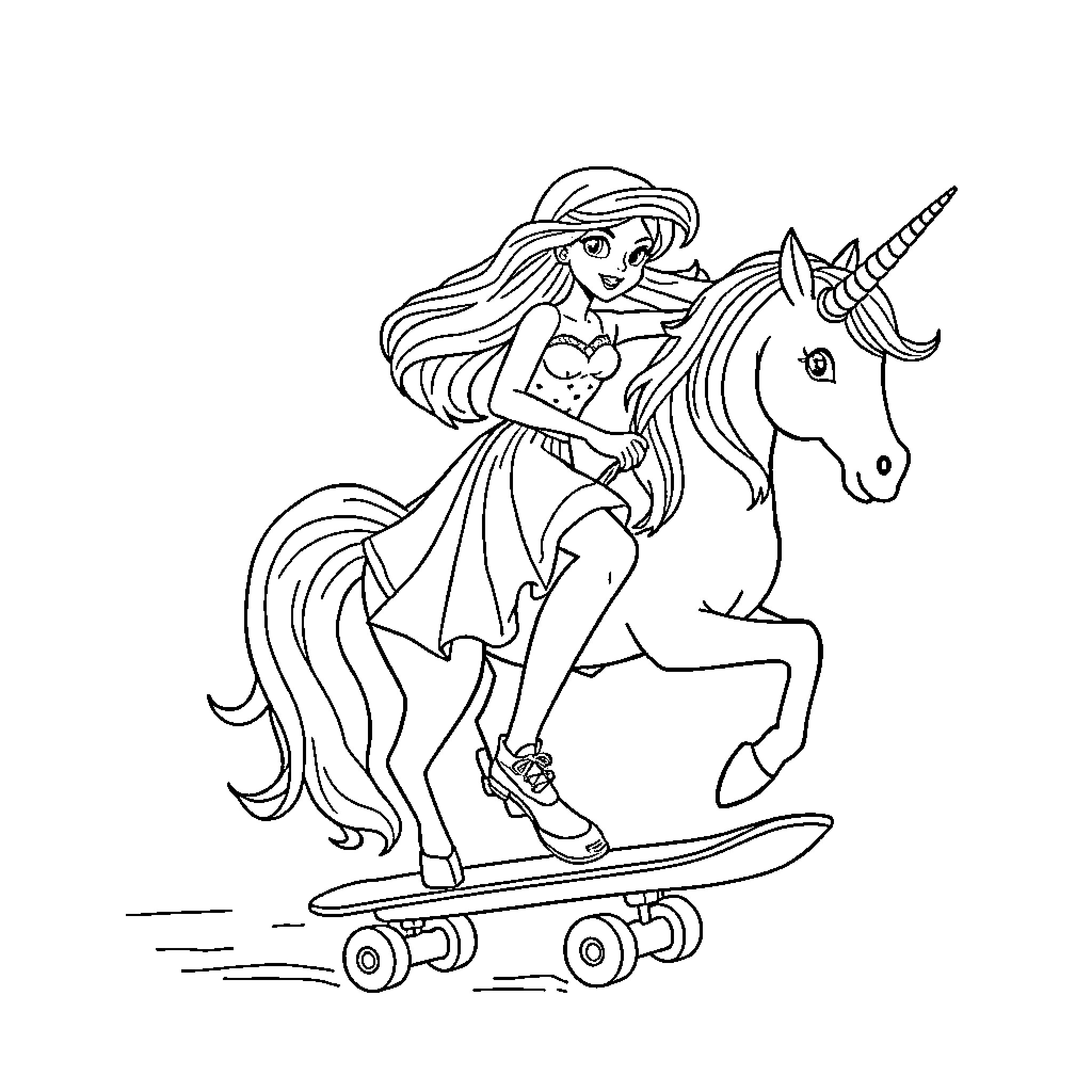 Princess on a Magical Unicorn Skateboarding Adventure Coloring Page (free black-and-white line drawing printable PDF for all, from beginners to advanced learners, including children, teens, adults, and seniors)