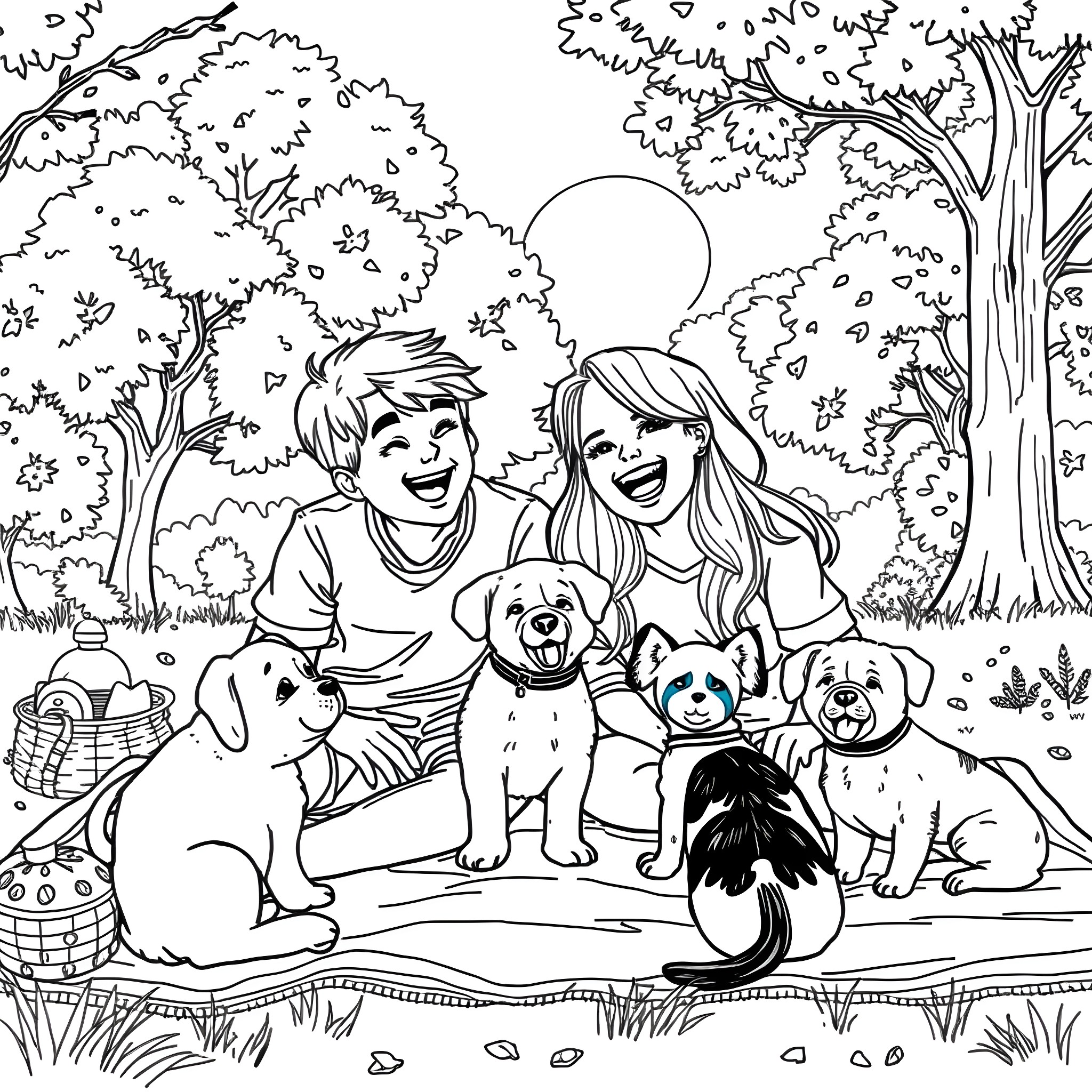 Buddy Enjoying a Picnic with Furry Friends in the Park Coloring Page (free black-and-white line drawing printable PDF for all, from beginners to advanced learners, including children, teens, adults, and seniors)