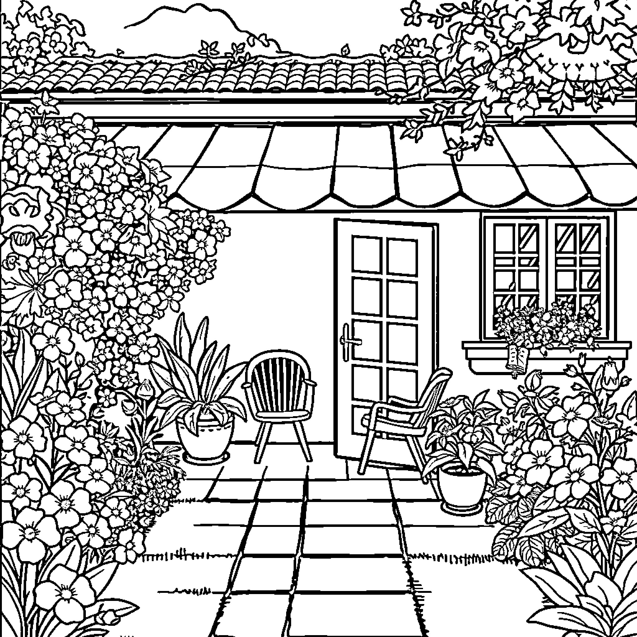 Cohete's Garden Retreat Coloring Page (free black-and-white line drawing printable PDF for all, from beginners to advanced learners, including children, teens, adults, and seniors)