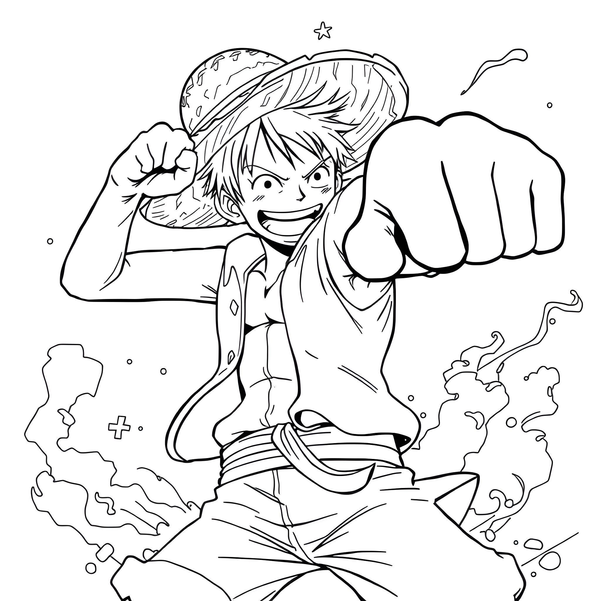 Monkey D Luffy's Energetic and Determined Pose Coloring Page (free black-and-white line drawing printable PDF for all, from beginners to advanced learners, including children, teens, adults, and seniors)