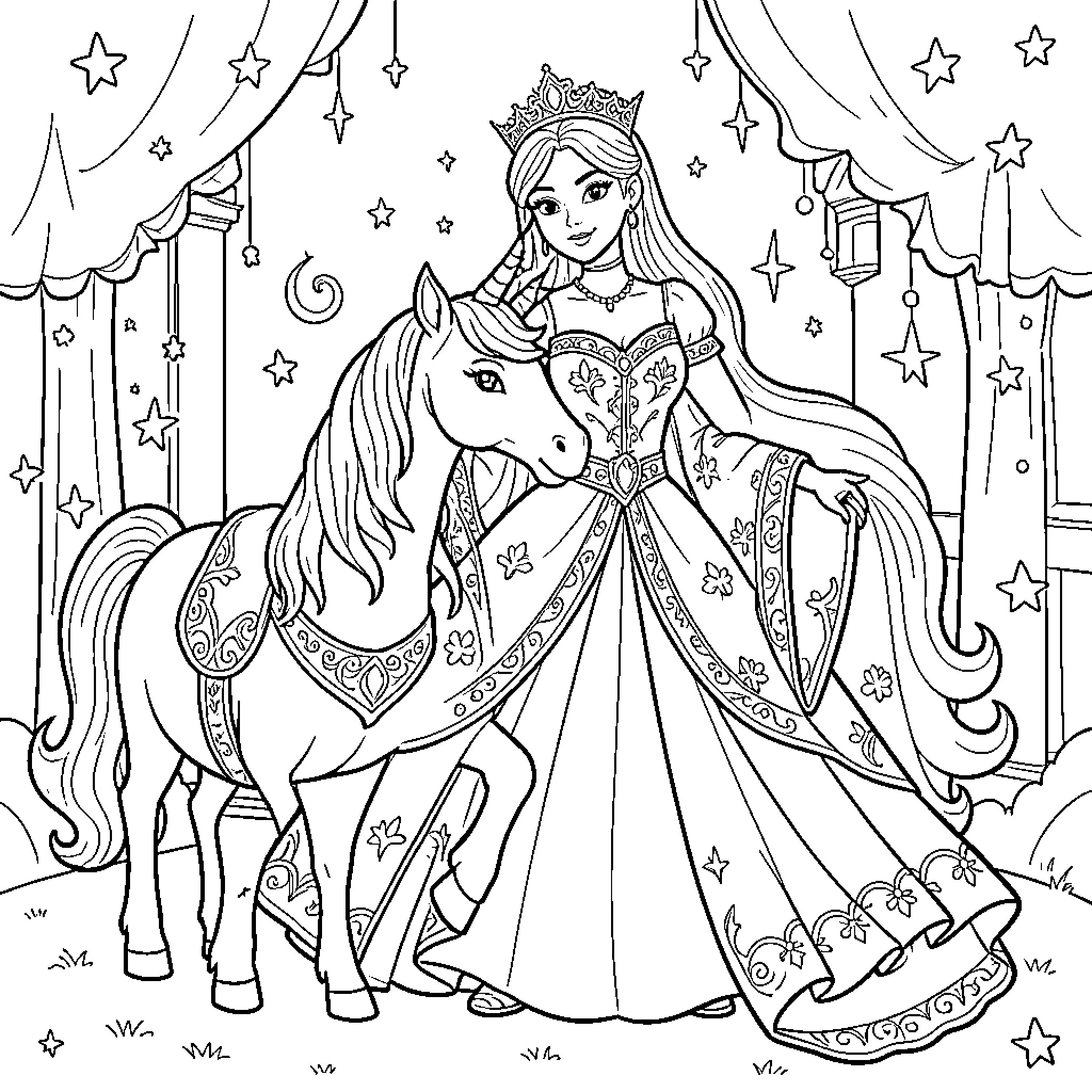 Unicorn princess in enchanting attire Coloring Page (free black-and-white line drawing printable PDF for all, from beginners to advanced learners, including children, teens, adults, and seniors)