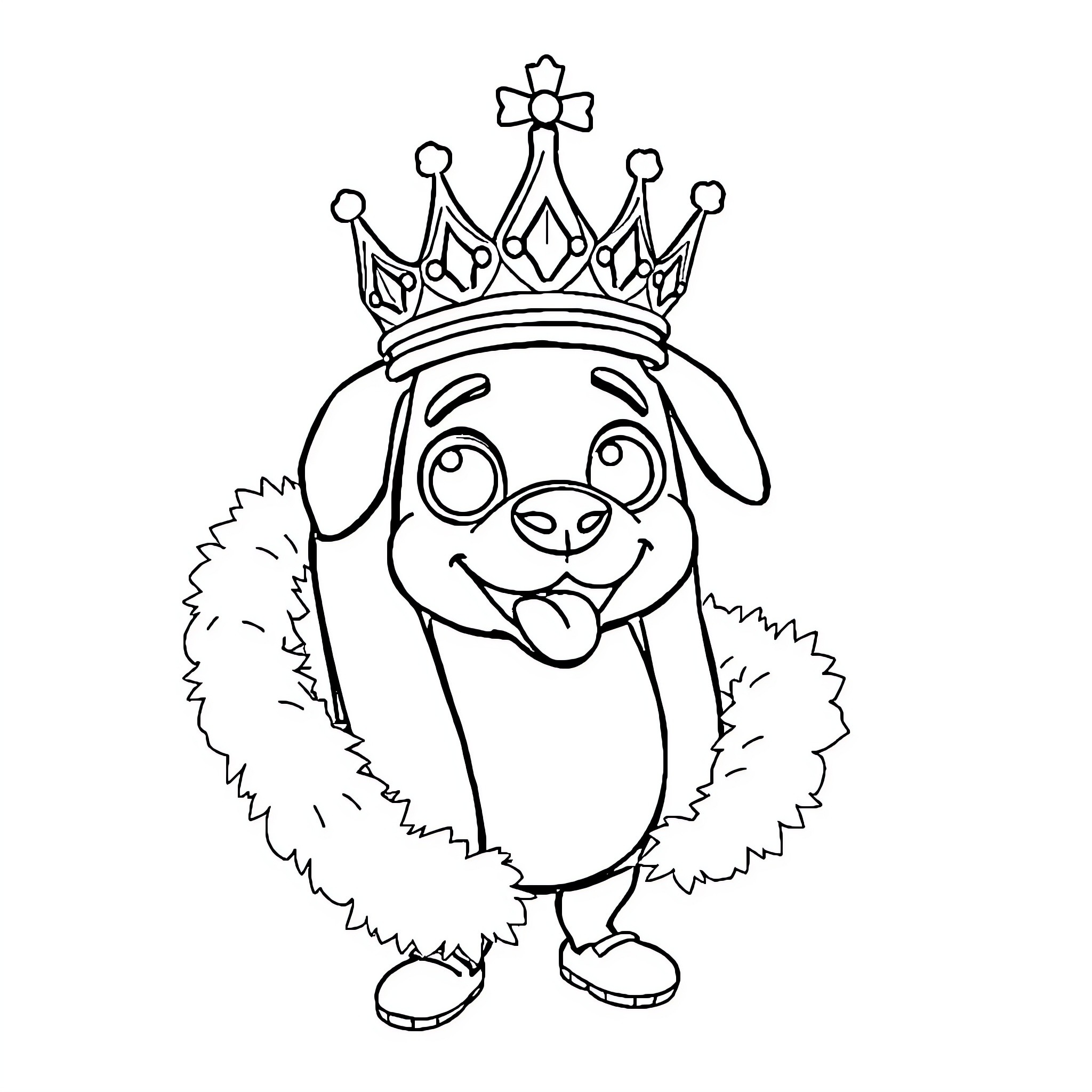 Hotdog wearing a crown and having fun Coloring Page (free black-and-white line drawing printable PDF for all, from beginners to advanced learners, including children, teens, adults, and seniors)