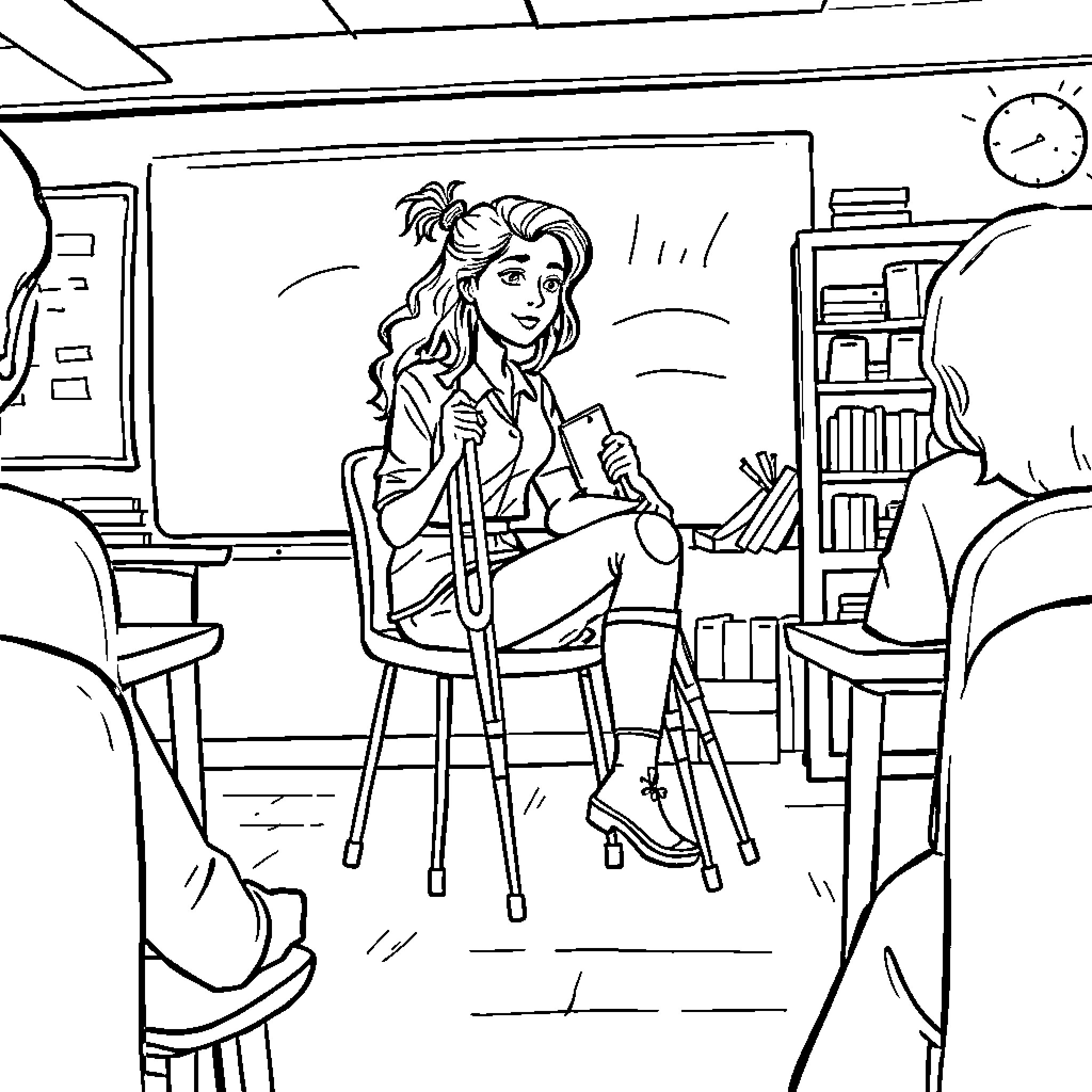 Teacher engaging with students in classroom Coloring Page (free black-and-white line drawing printable PDF for all, from beginners to advanced learners, including children, teens, adults, and seniors)