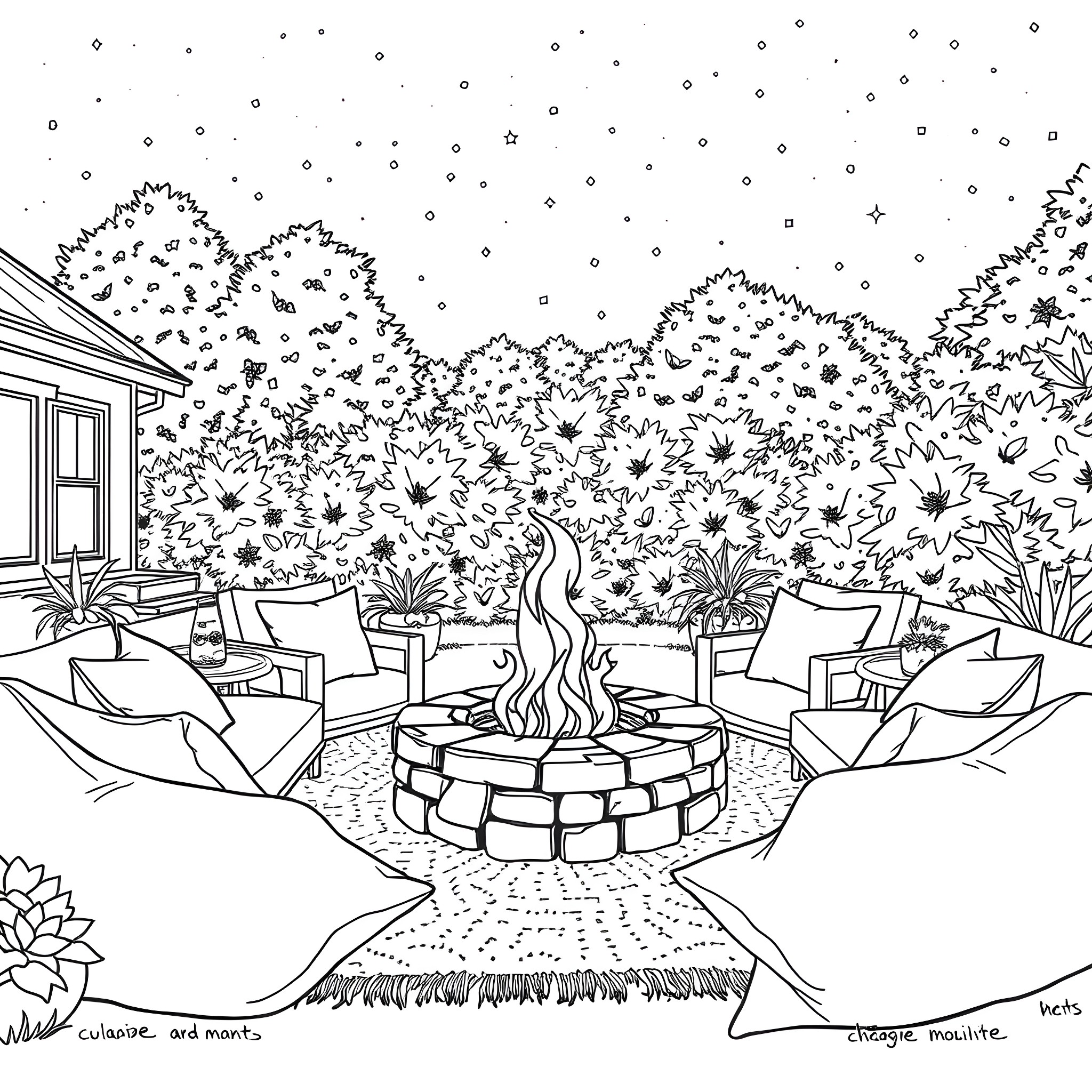 Firepit at a cozy outdoor gathering Coloring Page (free black-and-white line drawing printable PDF for all, from beginners to advanced learners, including children, teens, adults, and seniors)