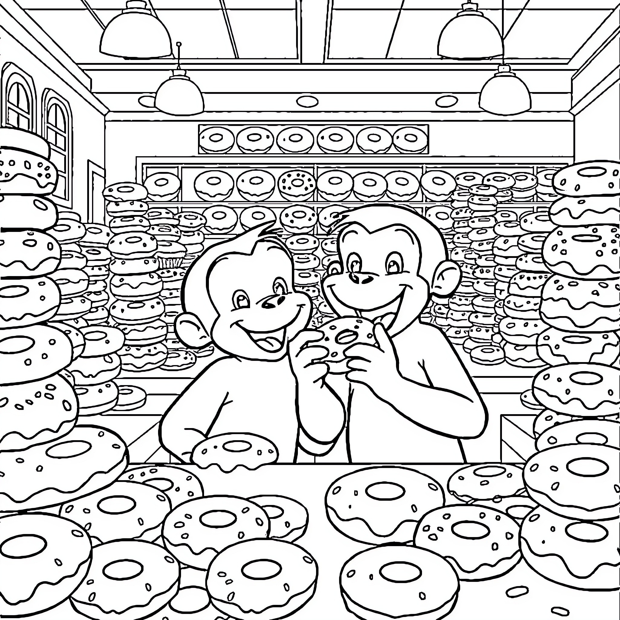 Curious George Delighted by Doughnuts in the Shop Coloring Page (free black-and-white line drawing printable PDF for all, from beginners to advanced learners, including children, teens, adults, and seniors)