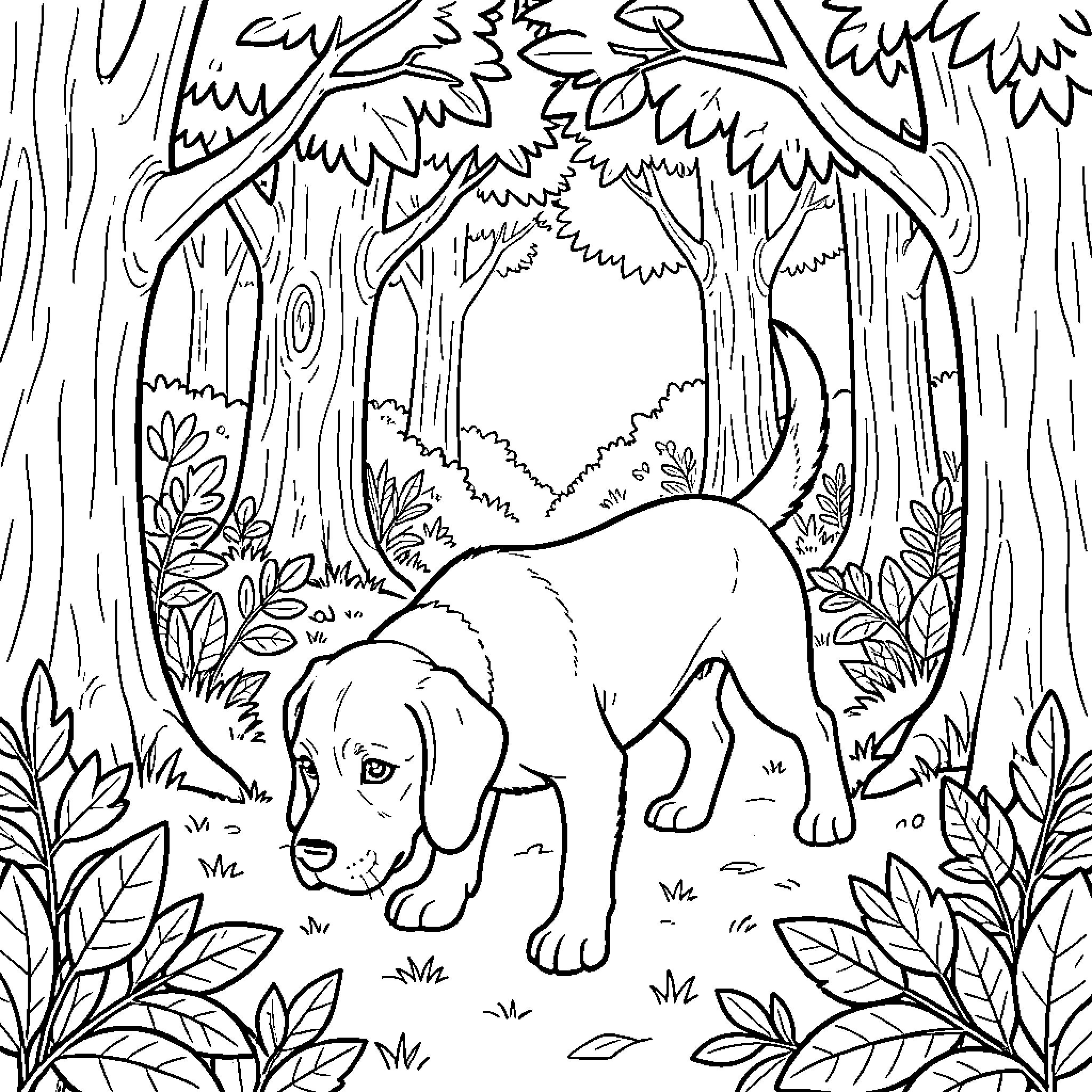 Beagle walking through a dense forest Coloring Page (free black-and-white line drawing printable PDF for all, from beginners to advanced learners, including children, teens, adults, and seniors)
