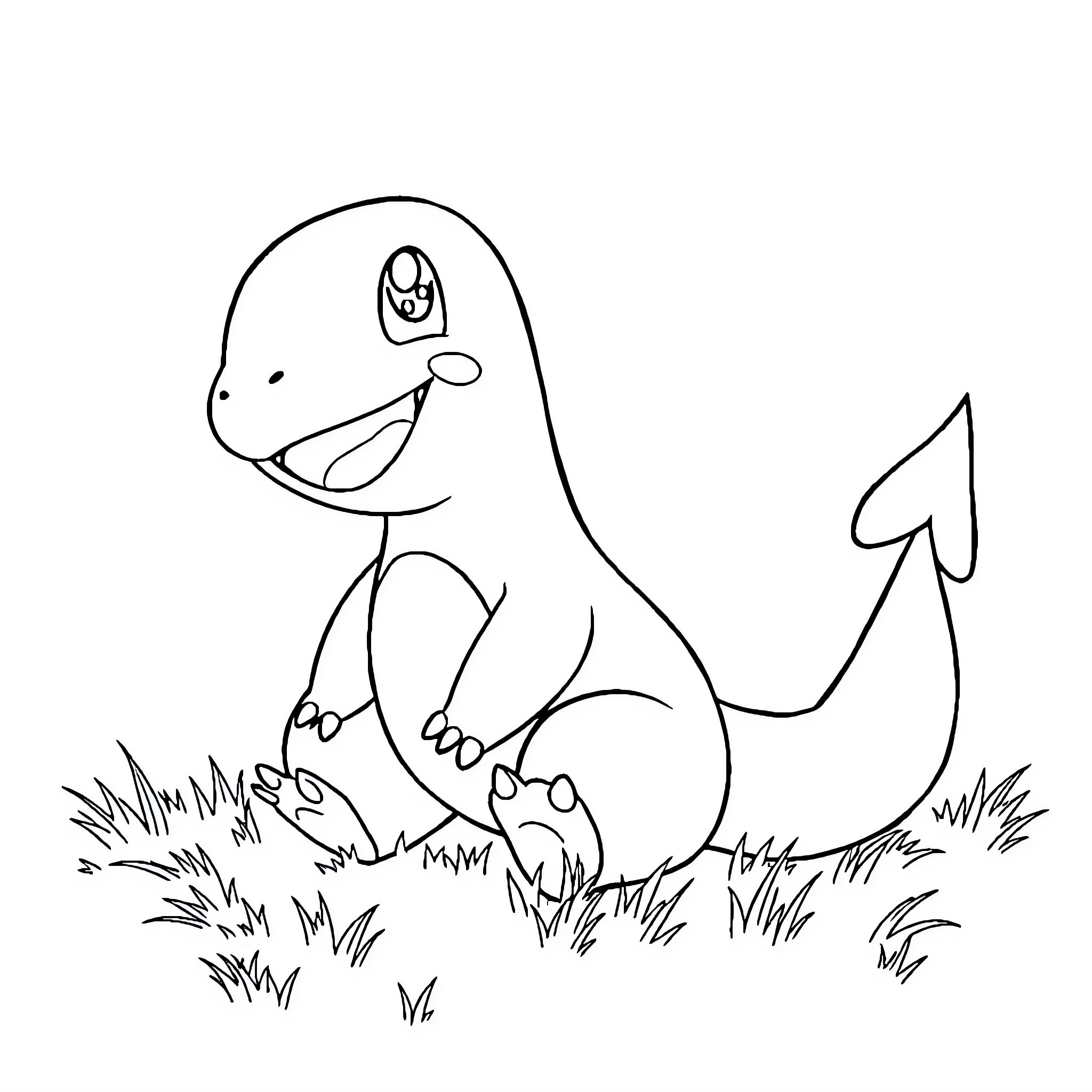 Charmander playing happily in the grass Coloring Page (free black-and-white line drawing printable PDF for all, from beginners to advanced learners, including children, teens, adults, and seniors)