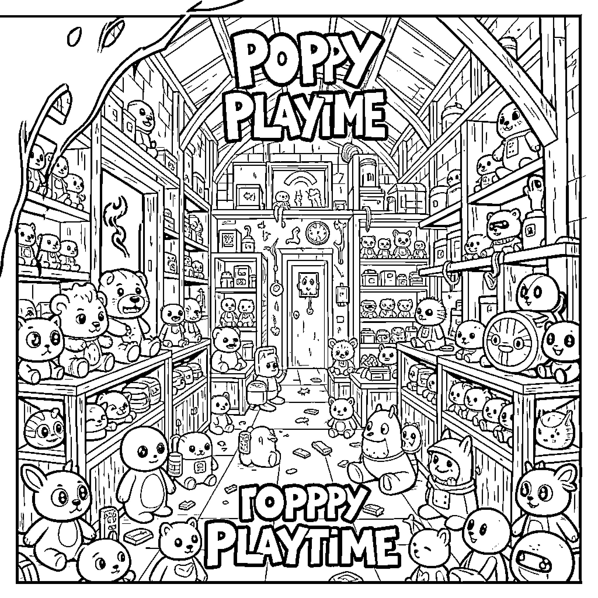 Poppy's Delightful Playtime Adventure Coloring Page (free black-and-white line drawing printable PDF for all, from beginners to advanced learners, including children, teens, adults, and seniors)