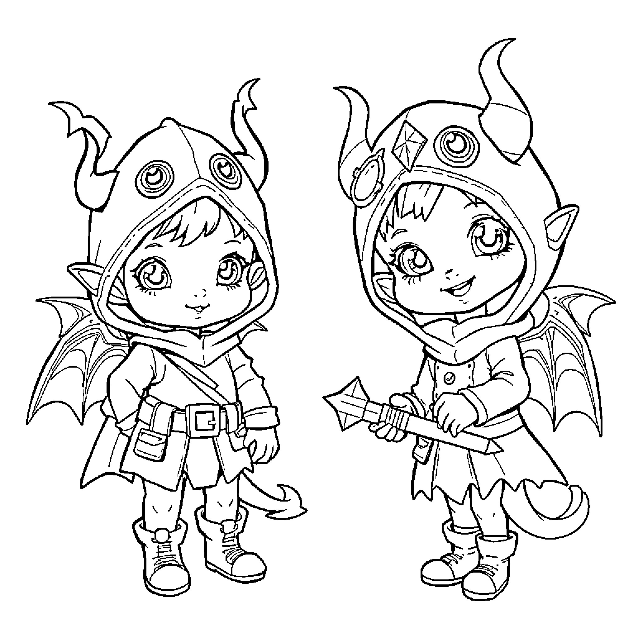 Kp Daemon Hunter: Playful Demon Child Adventures Coloring Page (free black-and-white line drawing printable PDF for all, from beginners to advanced learners, including children, teens, adults, and seniors)