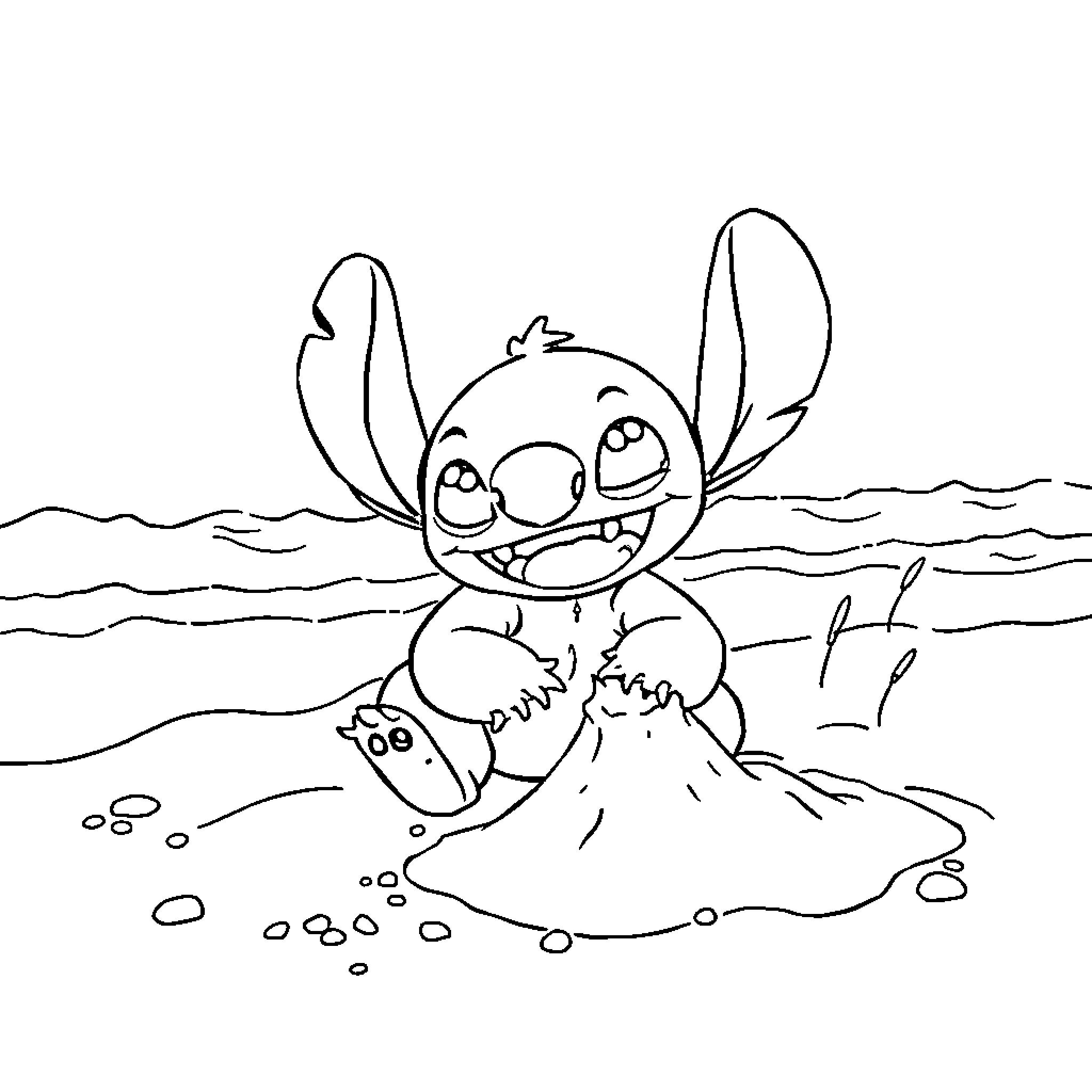 Stitch enjoying a day at the beach Coloring Page (free black-and-white line drawing printable PDF for all, from beginners to advanced learners, including children, teens, adults, and seniors)