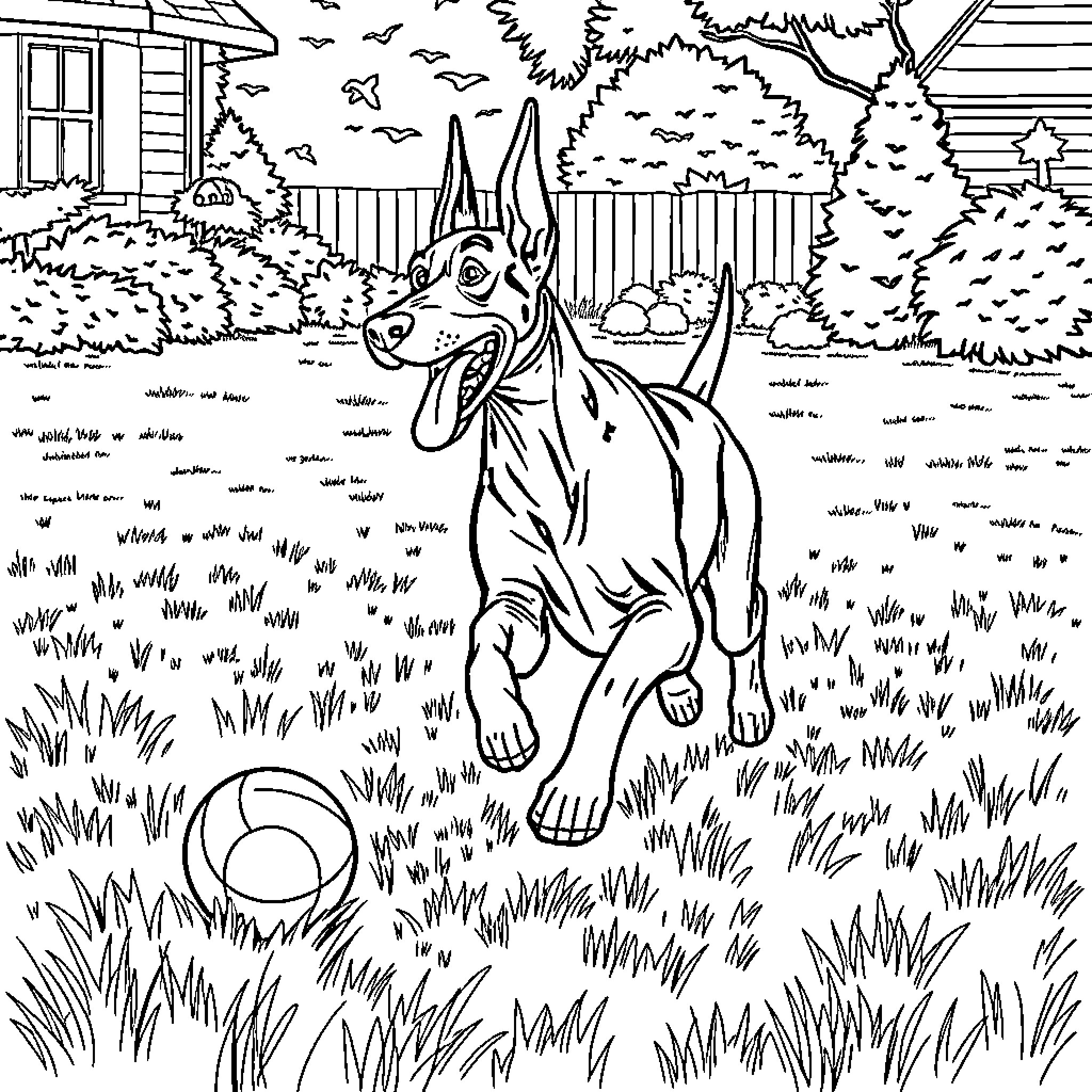 Doberman playing fetch in a backyard Coloring Page (free black-and-white line drawing printable PDF for all, from beginners to advanced learners, including children, teens, adults, and seniors)