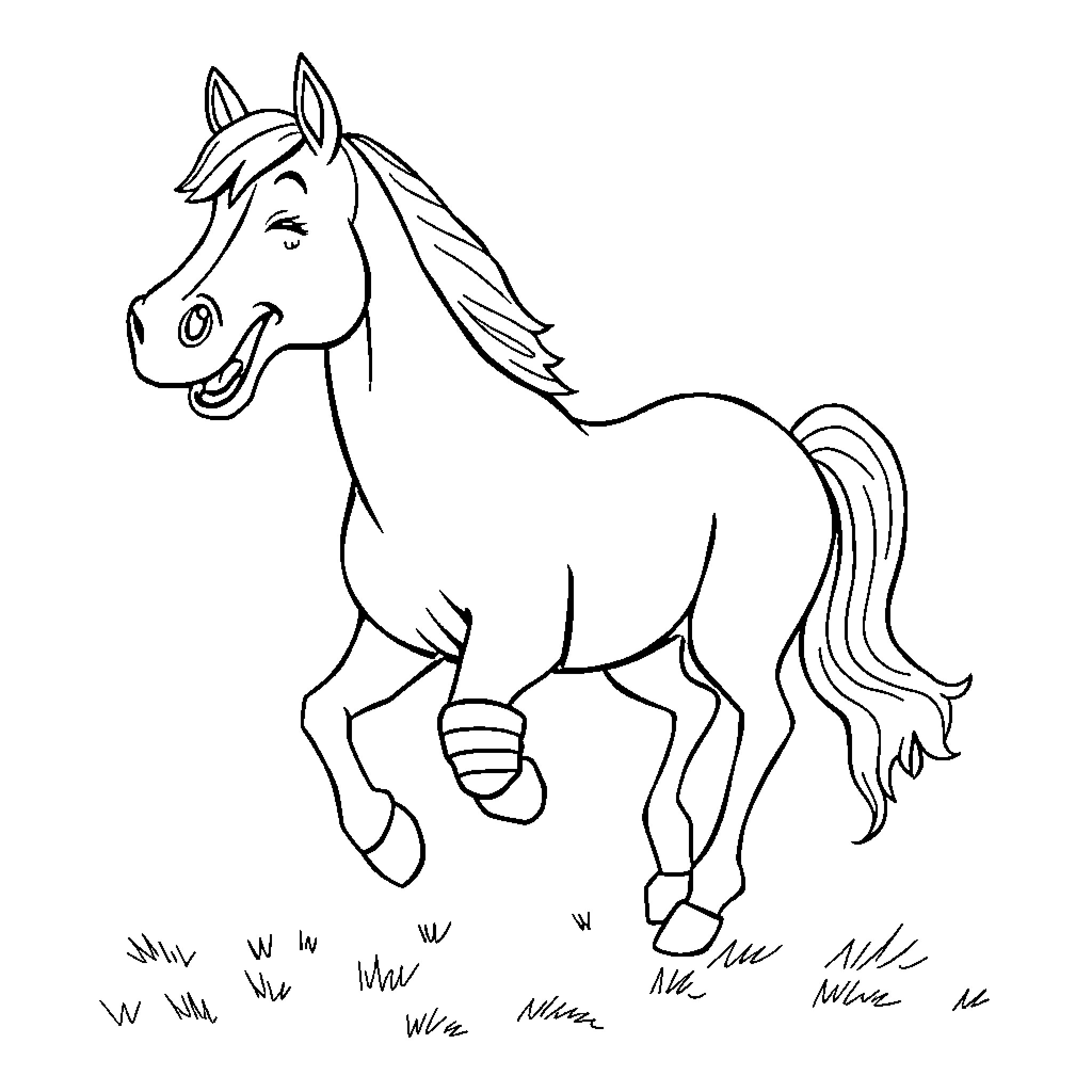 Horse galloping playfully on grassy field Coloring Page (free black-and-white line drawing printable PDF for all, from beginners to advanced learners, including children, teens, adults, and seniors)