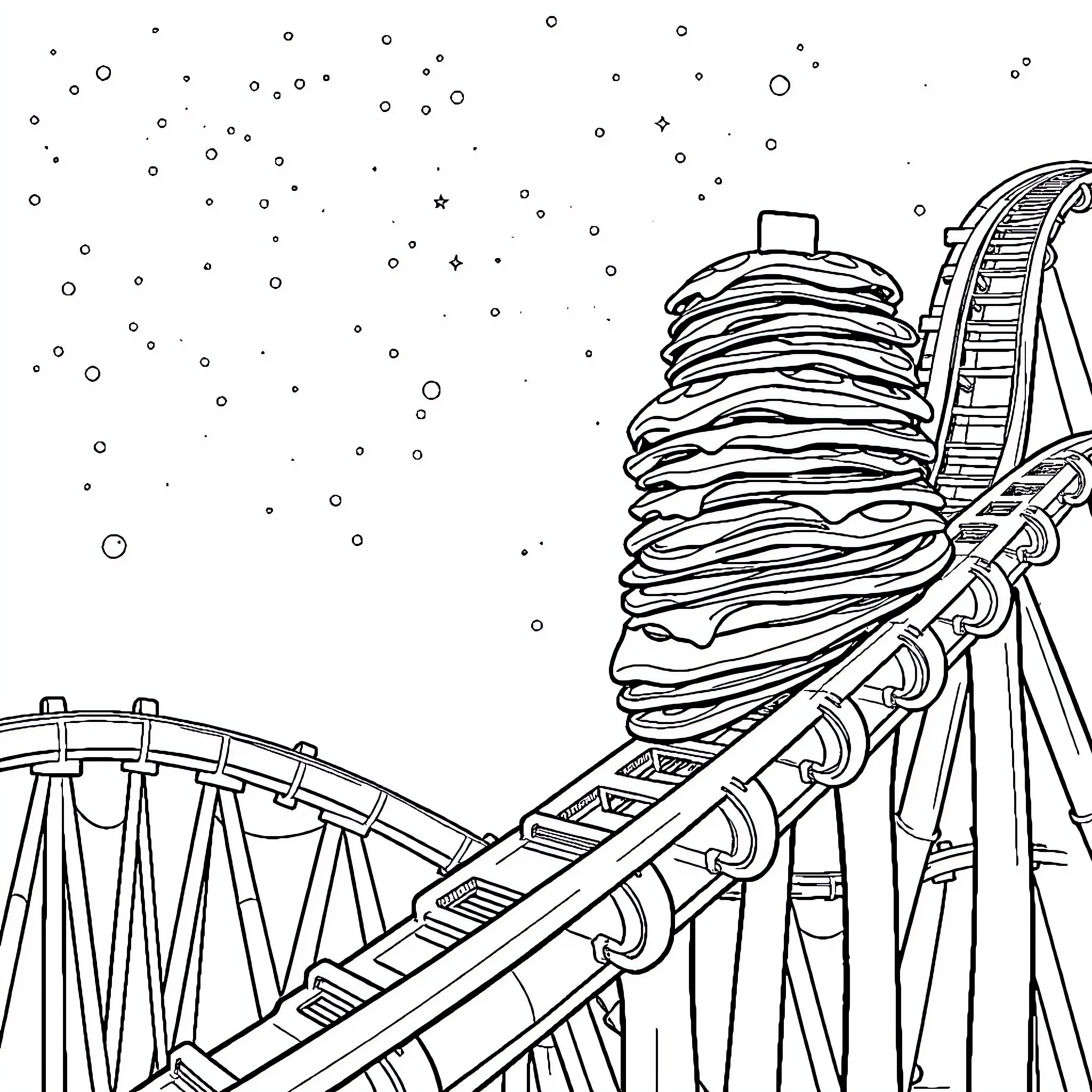 Pancake Ride Under the Starry Sky Coloring Page (free black-and-white line drawing printable PDF for all, from beginners to advanced learners, including children, teens, adults, and seniors)