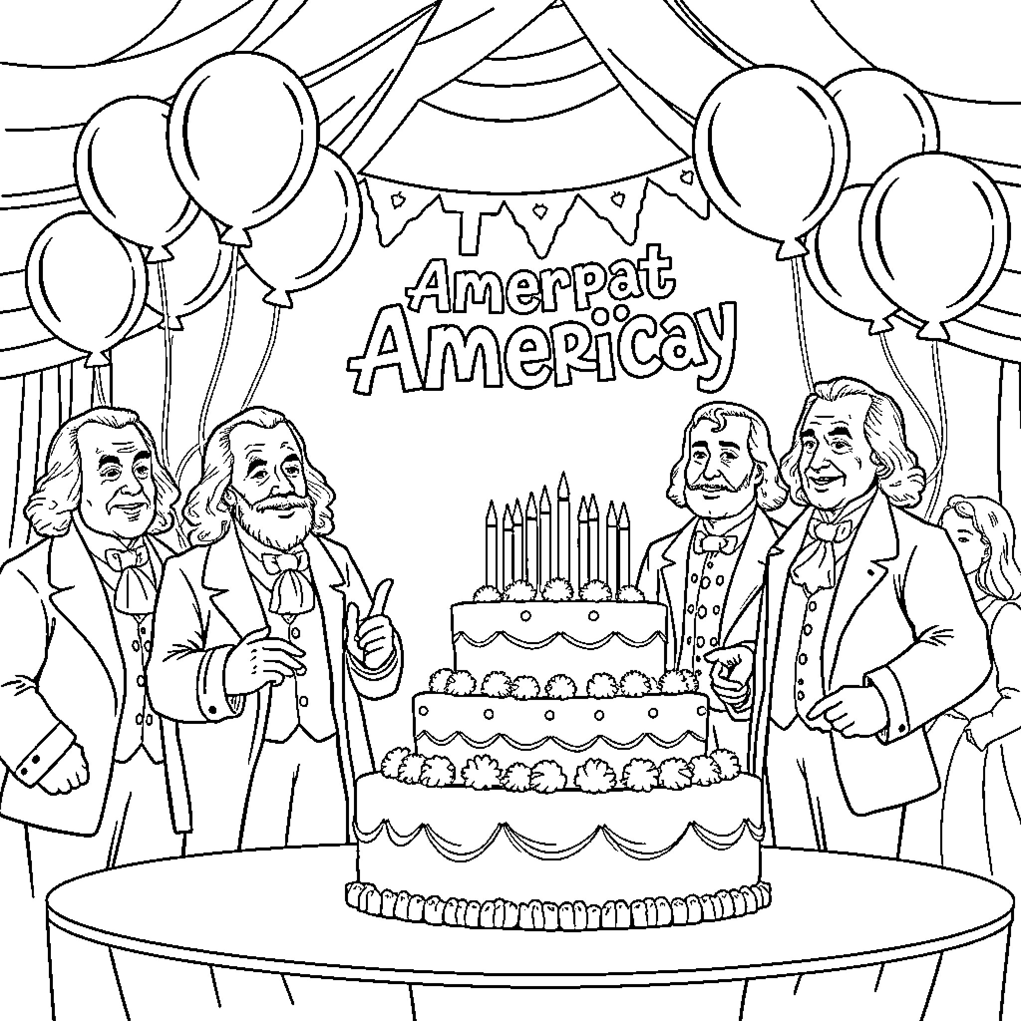 Founding Fathers Celebrating Ameripat America Coloring Page (free black-and-white line drawing printable PDF for all, from beginners to advanced learners, including children, teens, adults, and seniors)