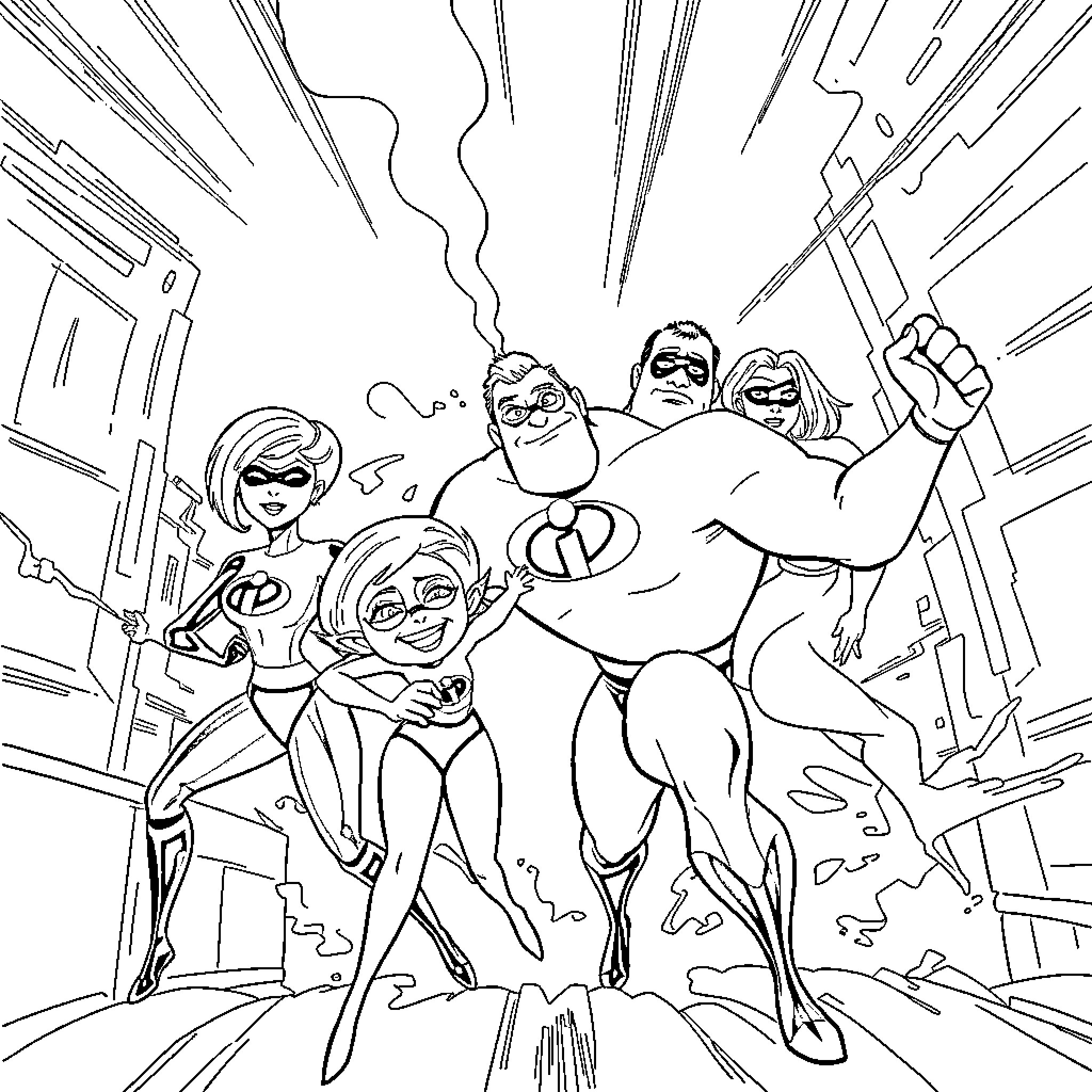 Incredibles Family Heroic Action in the City Coloring Page (free black-and-white line drawing printable PDF for all, from beginners to advanced learners, including children, teens, adults, and seniors)