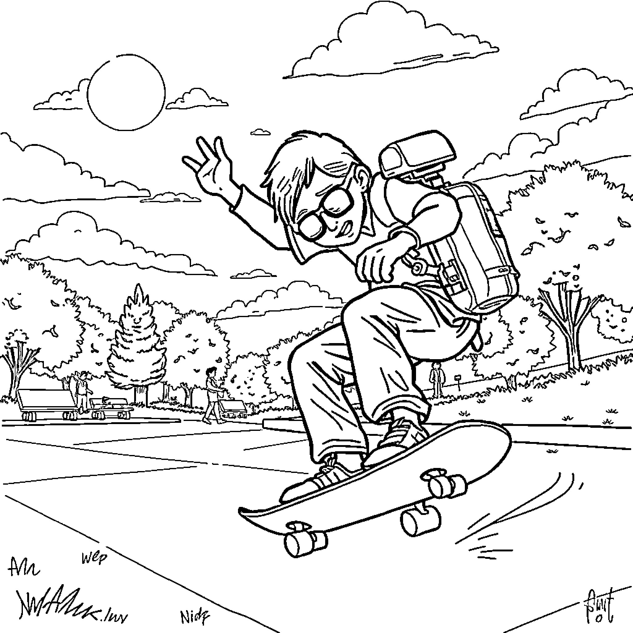 Steve Hawking skateboards through scenic landscape Coloring Page (free black-and-white line drawing printable PDF for all, from beginners to advanced learners, including children, teens, adults, and seniors)