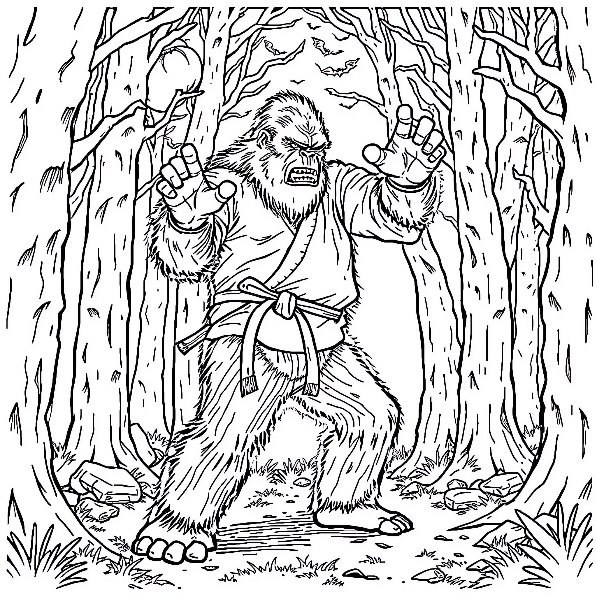 Bigfoot Roaring in Spooky Forest at Night Coloring Page (free black-and-white line drawing printable PDF for all, from beginners to advanced learners, including children, teens, adults, and seniors)