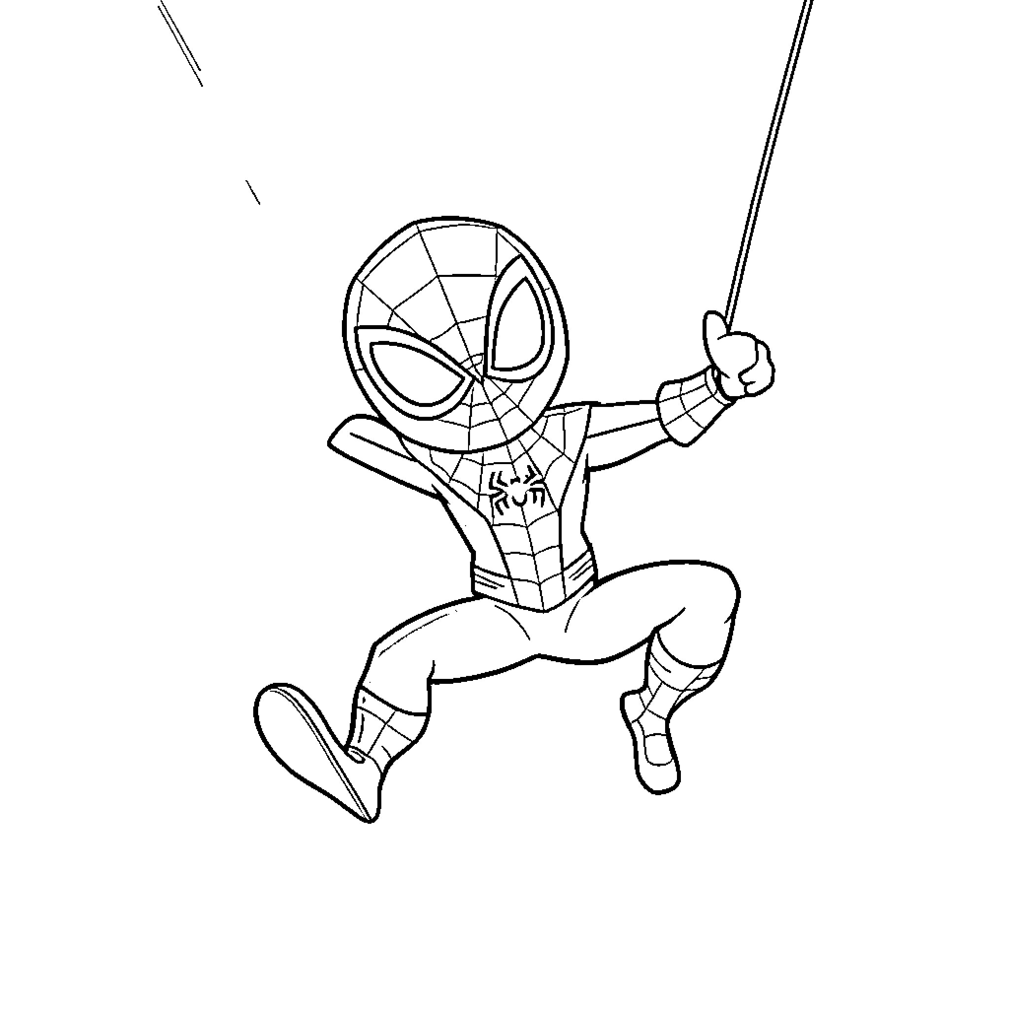 Spiderman swinging into action Coloring Page (free black-and-white line drawing printable PDF for all, from beginners to advanced learners, including children, teens, adults, and seniors)